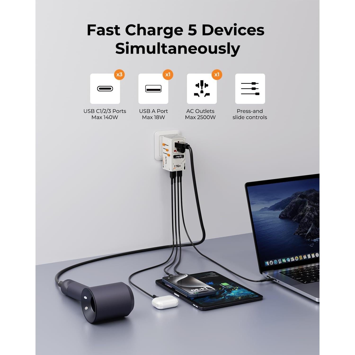 Adaptador de Viaje Universal 170W GaN VisaPro con 4 Puertos