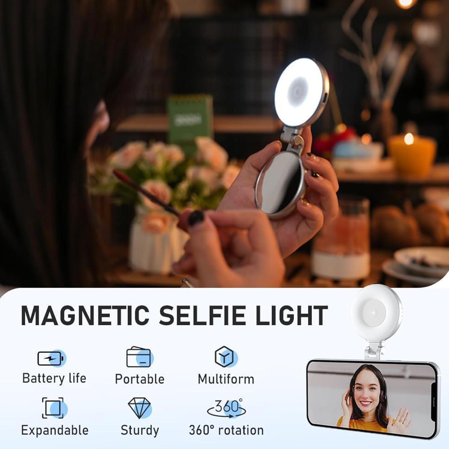 Luz de Selfie Magnética 3 en 1 con Espejo LED 360°