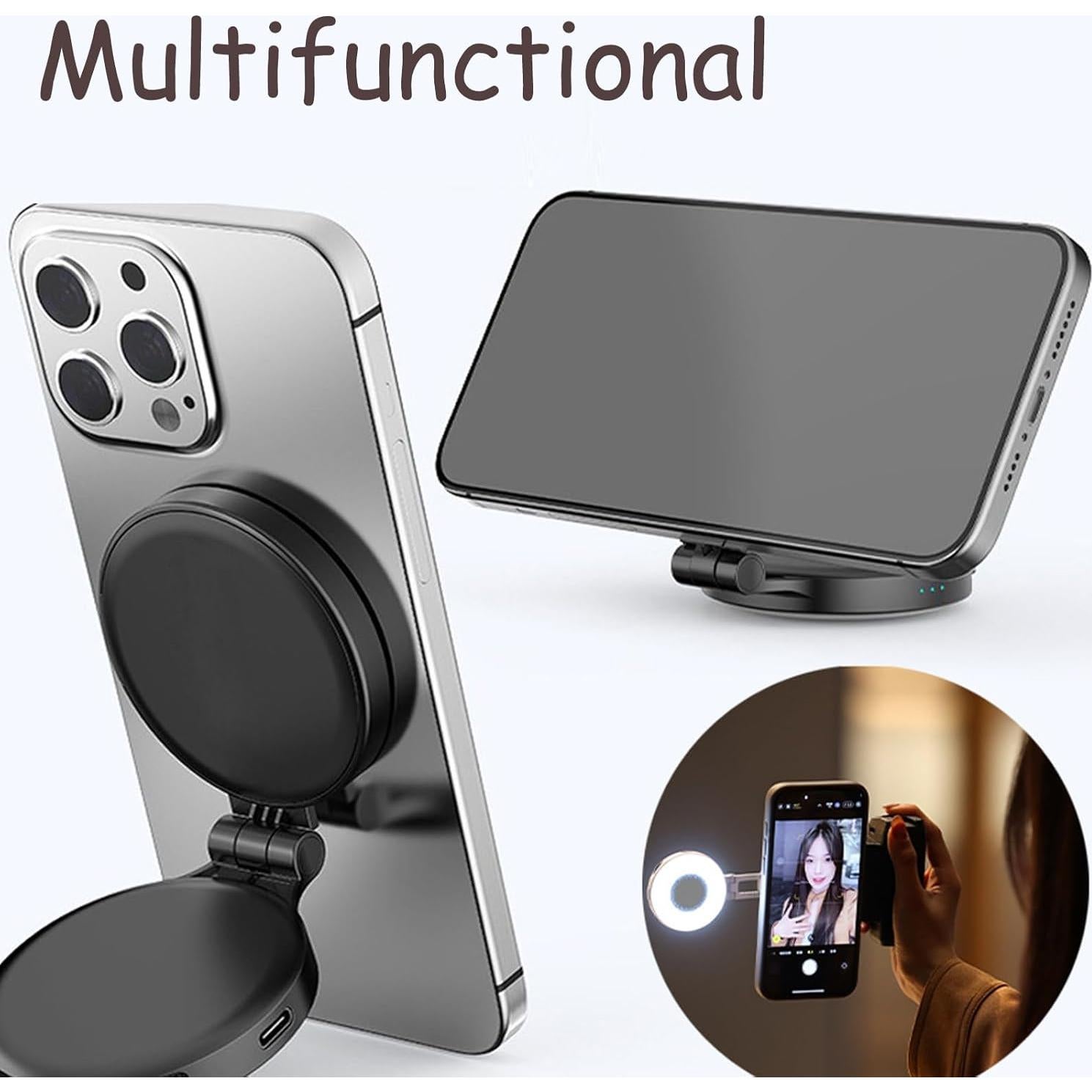 Luz de Selfie Magnética 3 en 1 con Espejo LED 360°