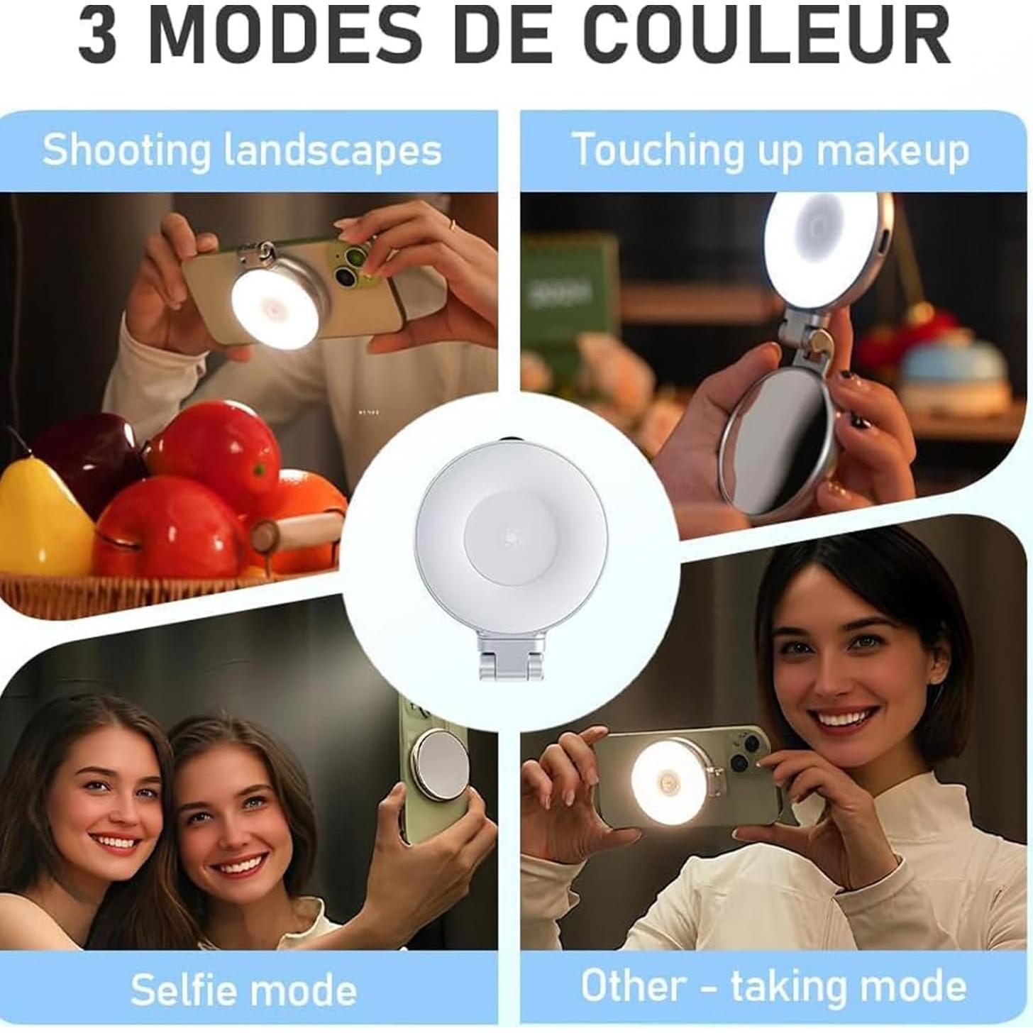 Luz de Selfie Magnética 3 en 1 con Espejo LED 360°