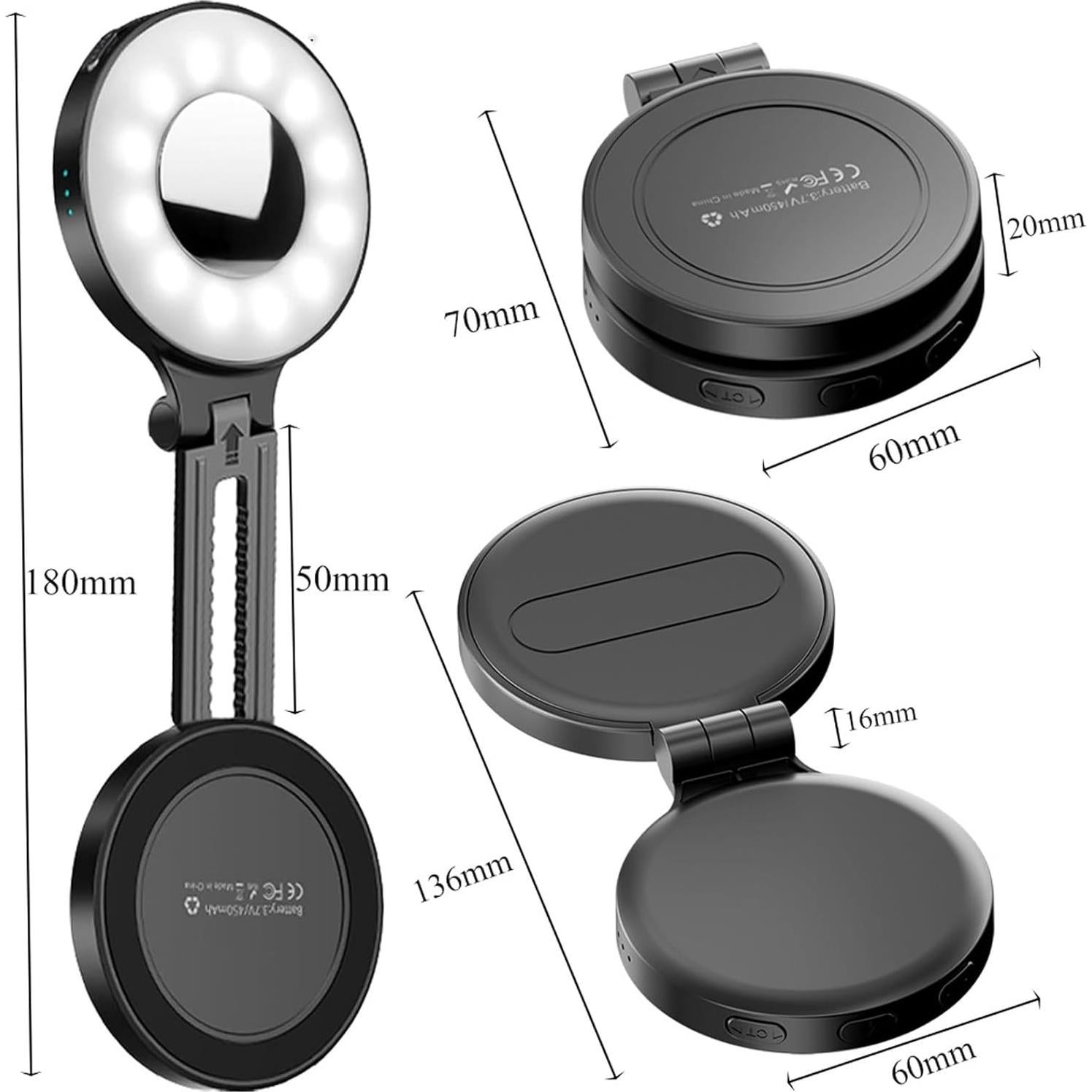 Luz de Selfie Magnética 3 en 1 con Espejo LED 360°