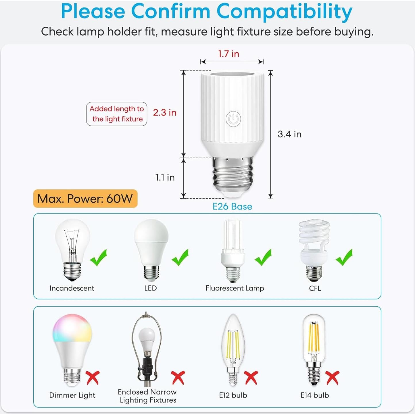 Adaptador de Enchufe Inteligente Wi-Fi LoraTap E26/E27, 60W