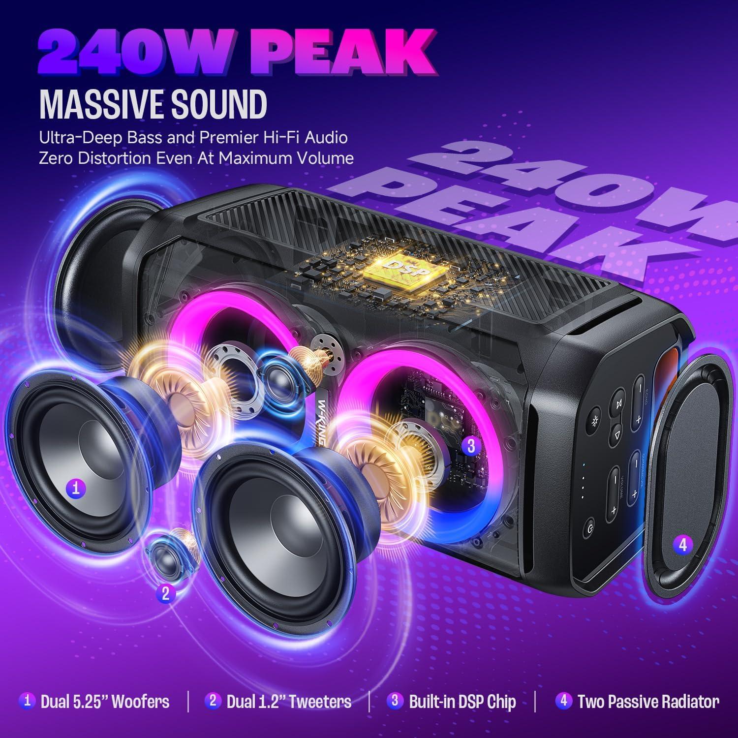 W-KING 240W Portable Bluetooth Speaker,Loud Boombox with Deep Bass Subwoofers, IPX6 Waterproof Party Outdoor Speaker, Speakers Bluetooth Wireless, RGB Lights, 24H, Mic&Guitar Input, Echo, EQ,AUX