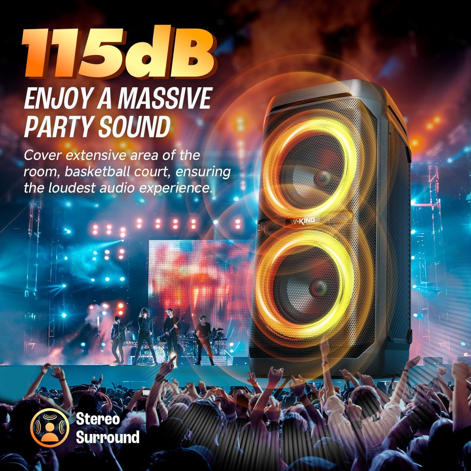 W-KING 240W Portable Bluetooth Speaker,Loud Boombox with Deep Bass Subwoofers, IPX6 Waterproof Party Outdoor Speaker, Speakers Bluetooth Wireless, RGB Lights, 24H, Mic&Guitar Input, Echo, EQ,AUX