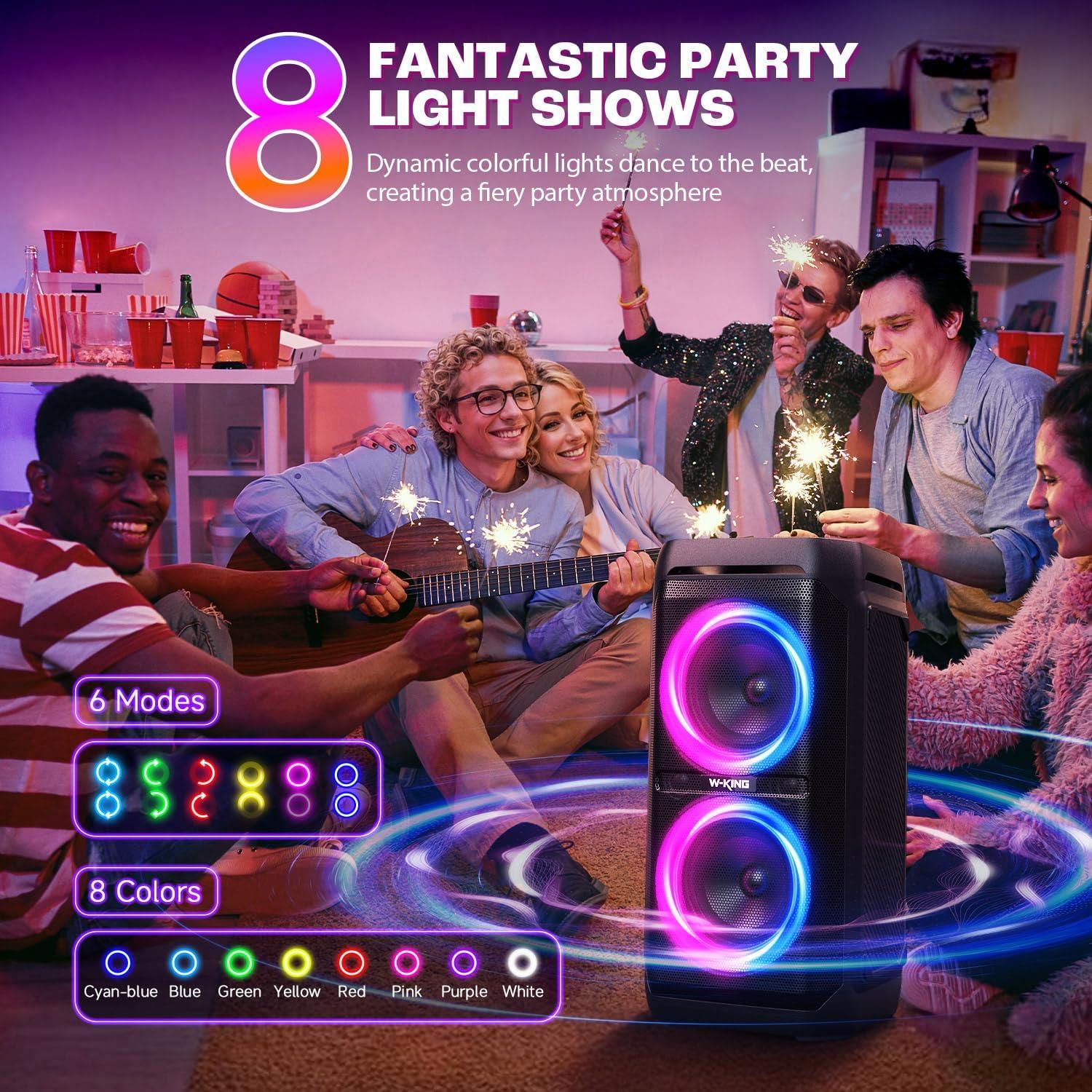 W-KING 240W Portable Bluetooth Speaker,Loud Boombox with Deep Bass Subwoofers, IPX6 Waterproof Party Outdoor Speaker, Speakers Bluetooth Wireless, RGB Lights, 24H, Mic&Guitar Input, Echo, EQ,AUX