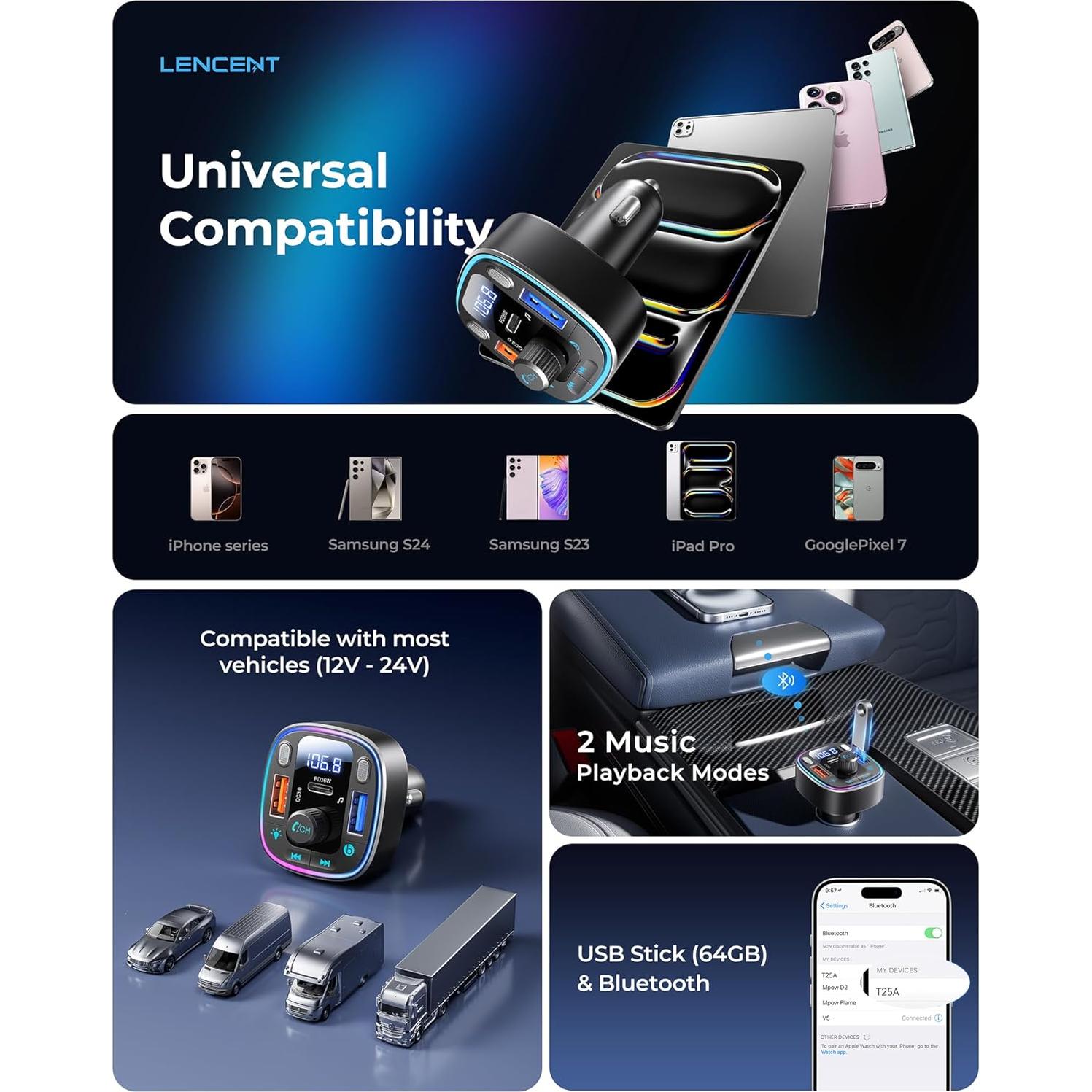 Adaptador Bluetooth 5.4 LENCENT FM Carga Rápida 54W