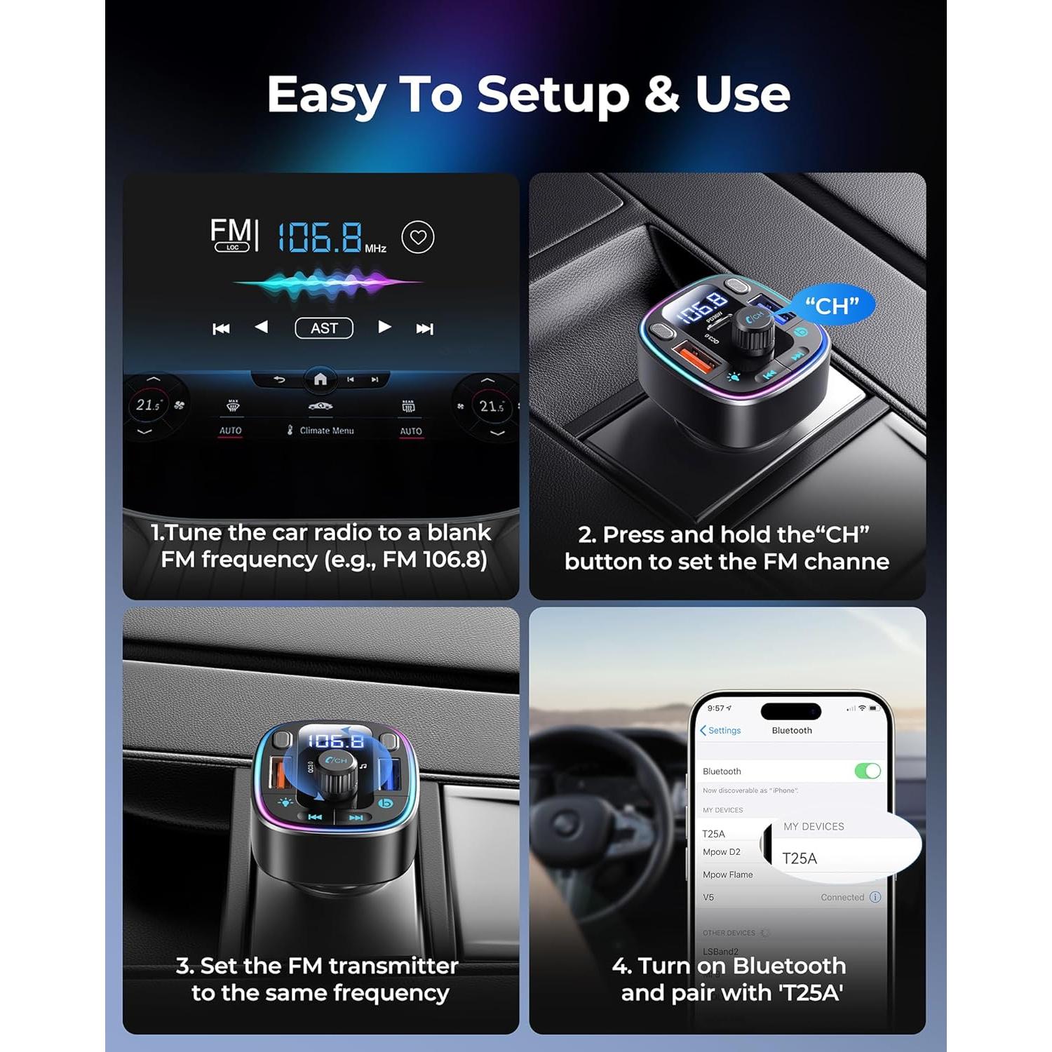 Adaptador Bluetooth 5.4 LENCENT FM Carga Rápida 54W