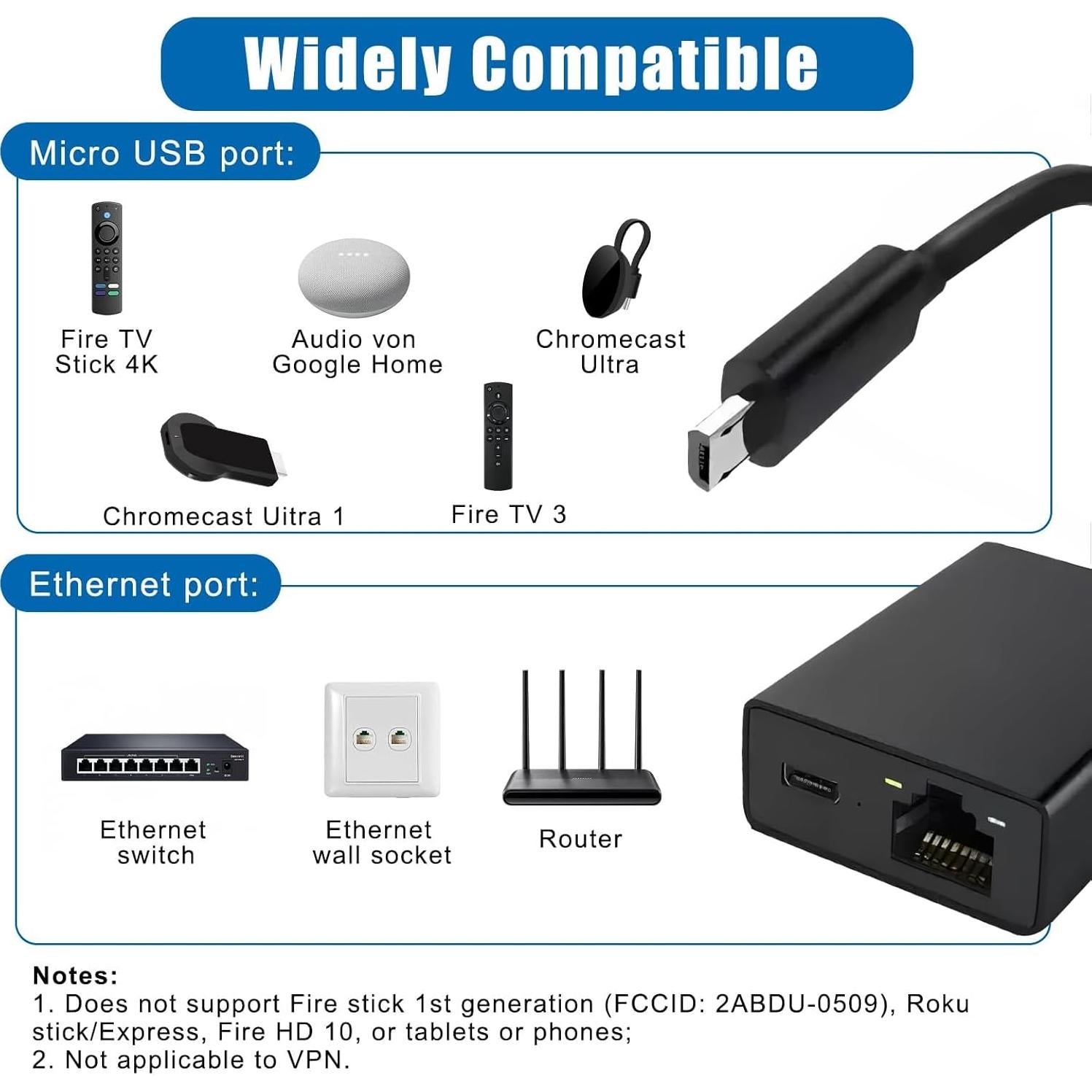Adaptador Ethernet Uelkr Micro USB a RJ45 para TV Stick