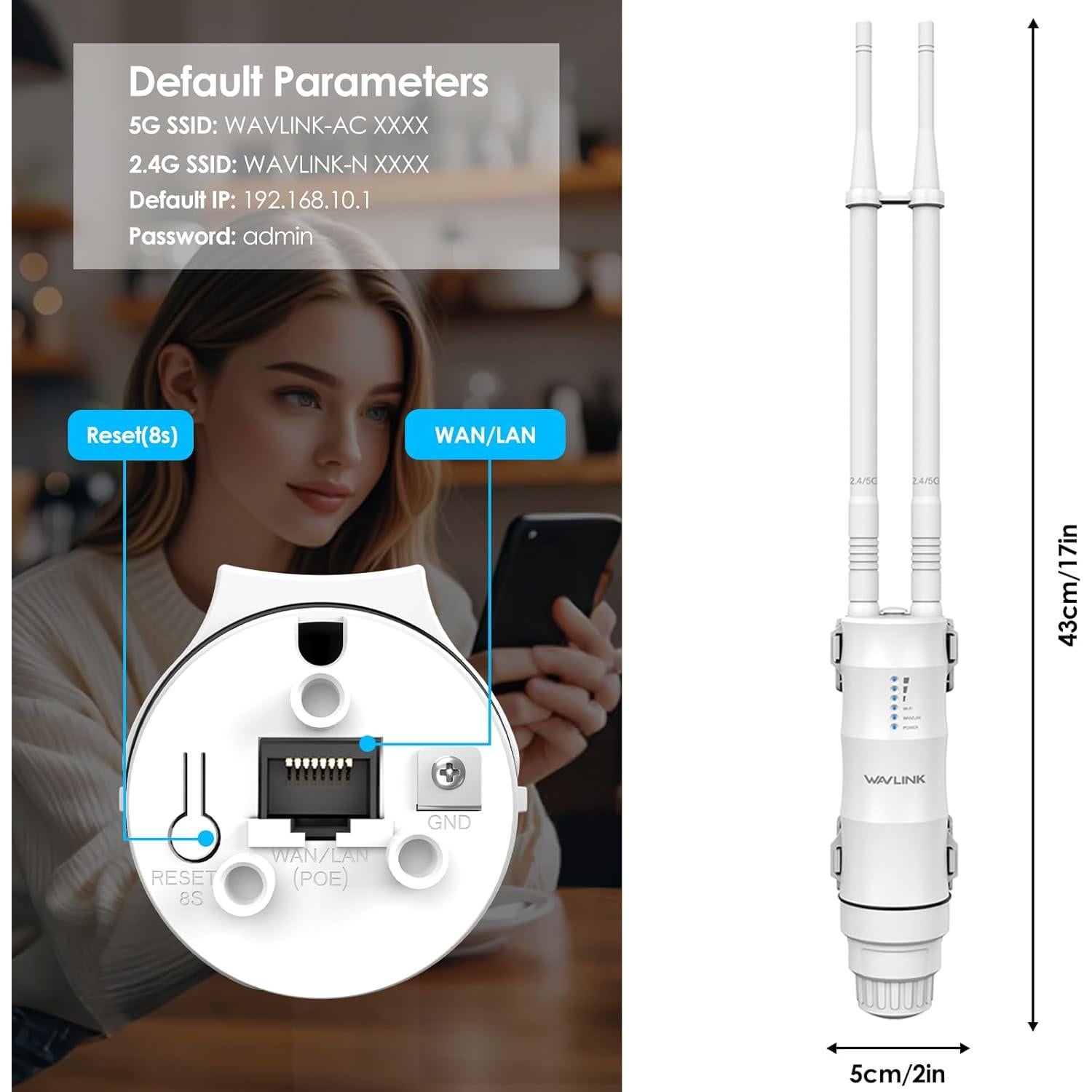 Extensor de WiFi Exterior WAVLINK AC1200, Doble Banda, IP67