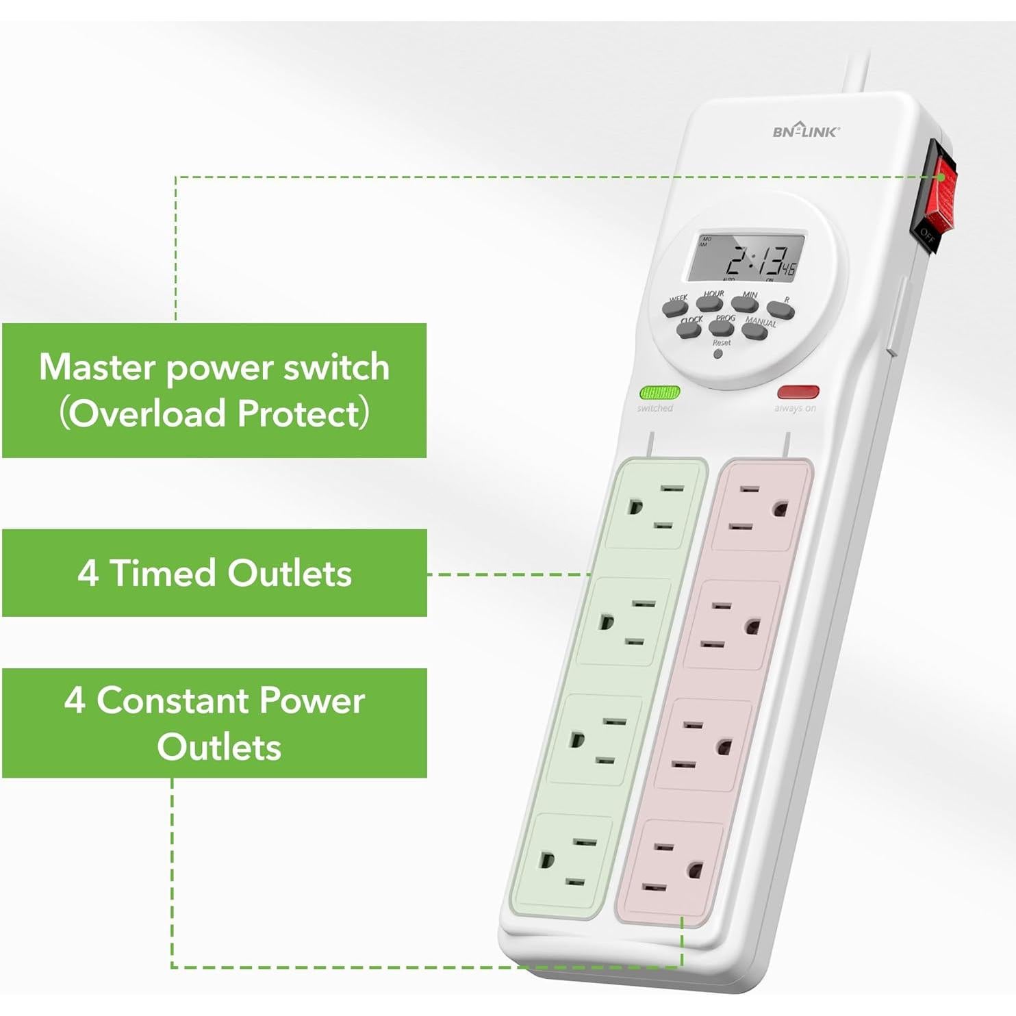 Regleta de Sobretensión BN-LINK 8 Salidas con Temporizador Digital