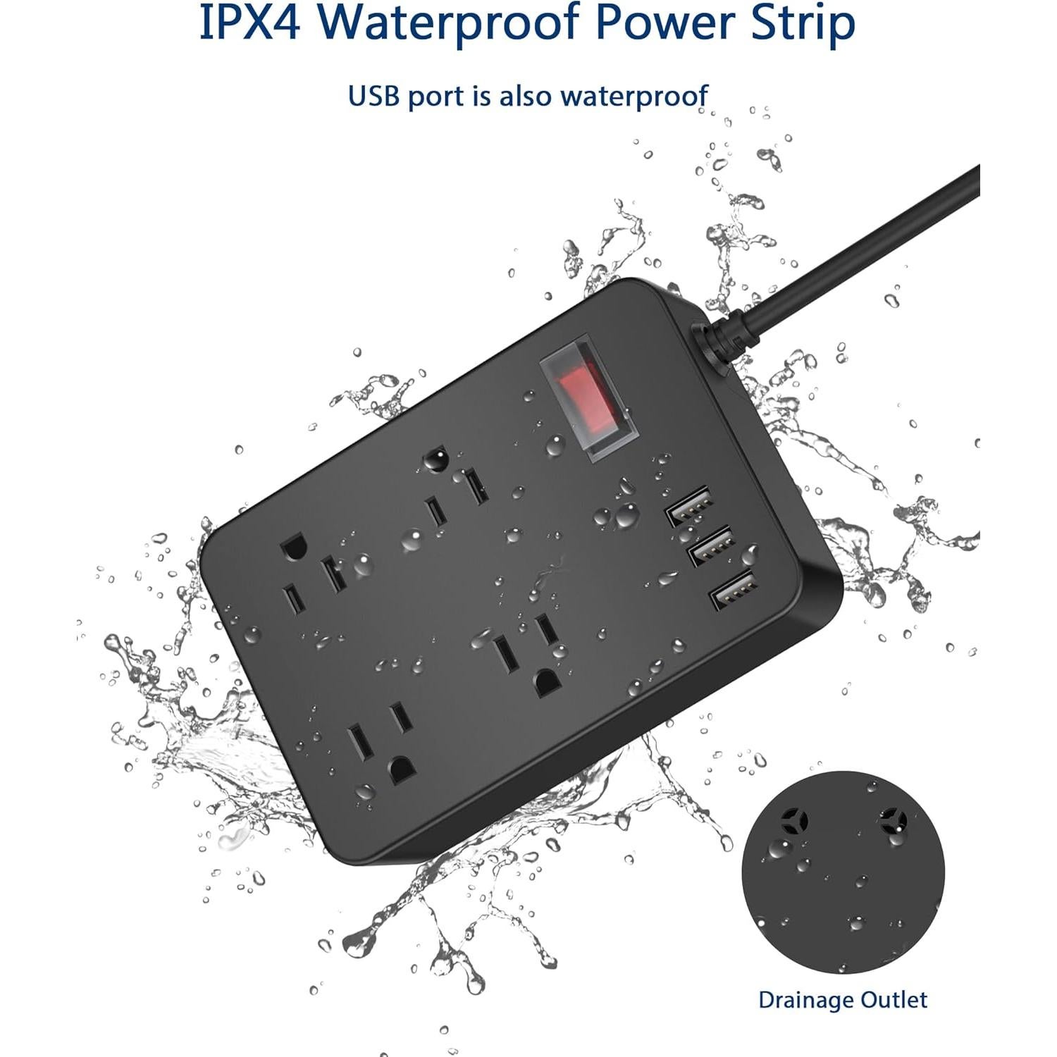 Regleta de Poder JGSTKCITY 120V a Prueba de Agua 4 Salidas 3 USB