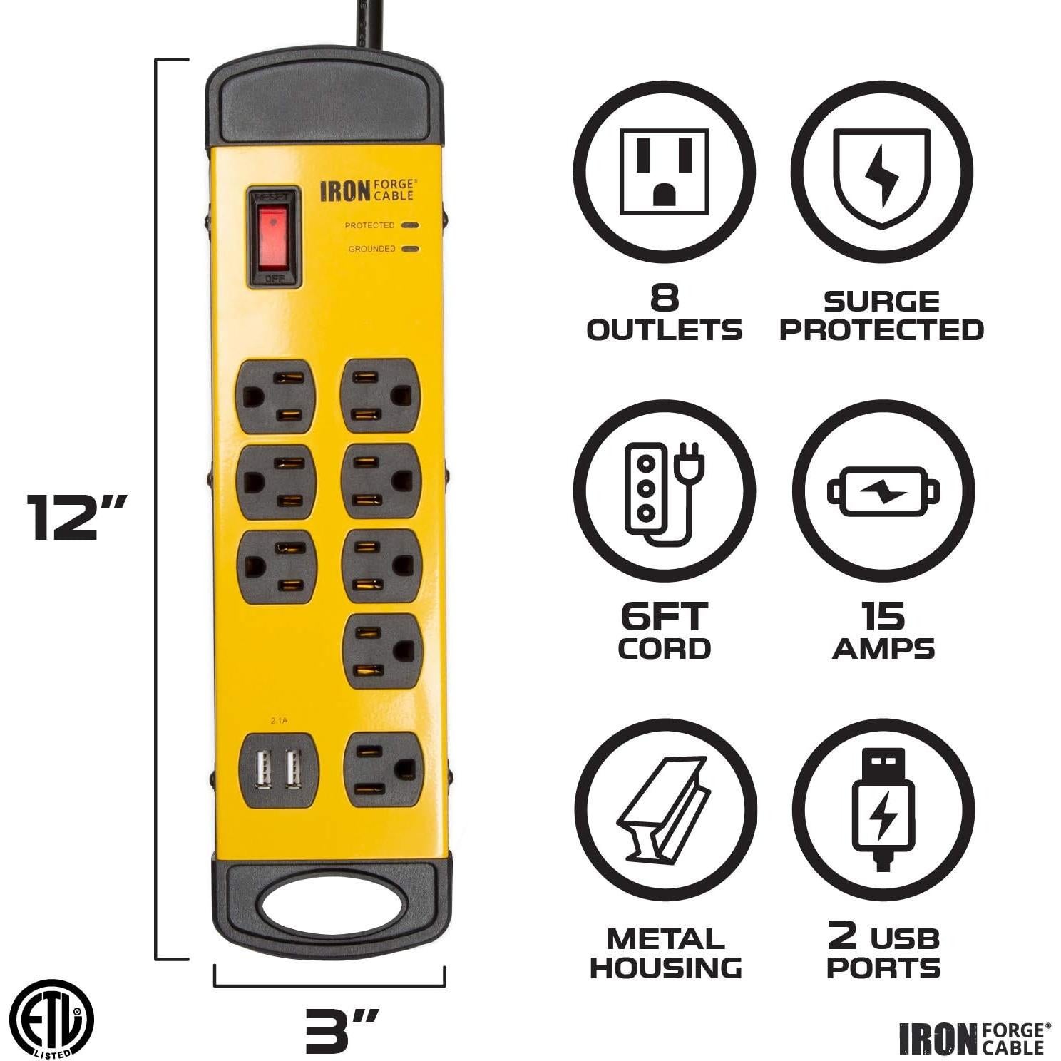Protector de Sobretensión 8 Salidas Iron Forge Cable 1350 Julios