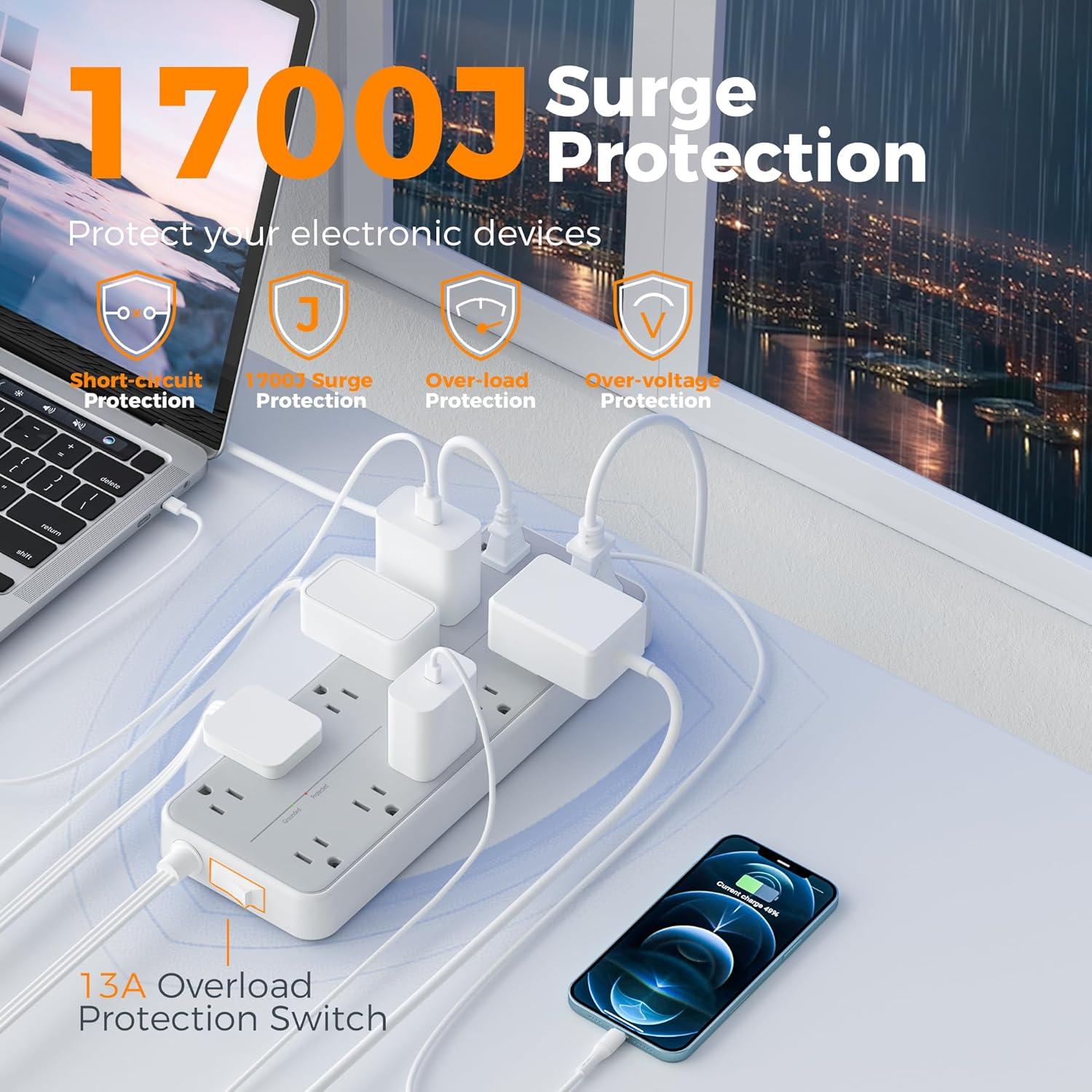 Regleta de Extensión TESSAN 12 Salidas AC 3 USB 1.5m 1700J