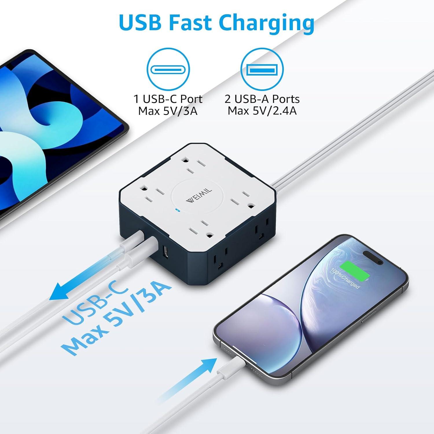 Regleta de Protección WEIMIL 5 Pies 11 en 1 con 8 Salidas AC y 3 USB