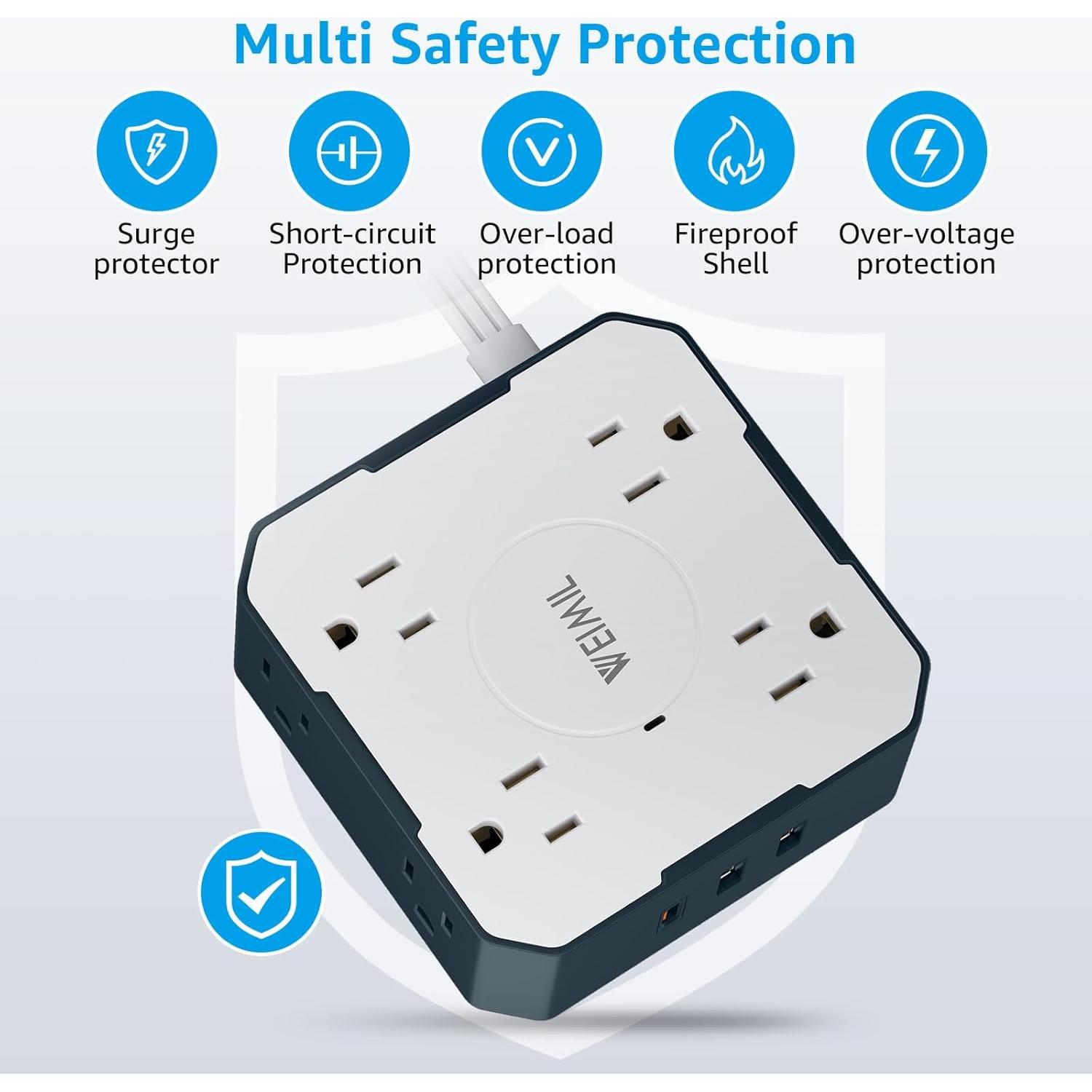 Regleta de Protección WEIMIL 5 Pies 11 en 1 con 8 Salidas AC y 3 USB