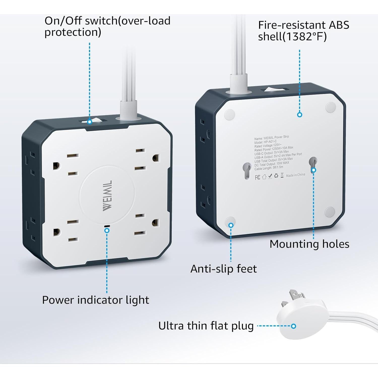 Regleta de Protección WEIMIL 5 Pies 11 en 1 con 8 Salidas AC y 3 USB