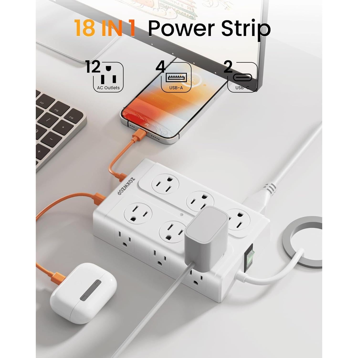 Regleta Zoxwzop 18 en 1 con 12 Salidas y 6 Puertos USB