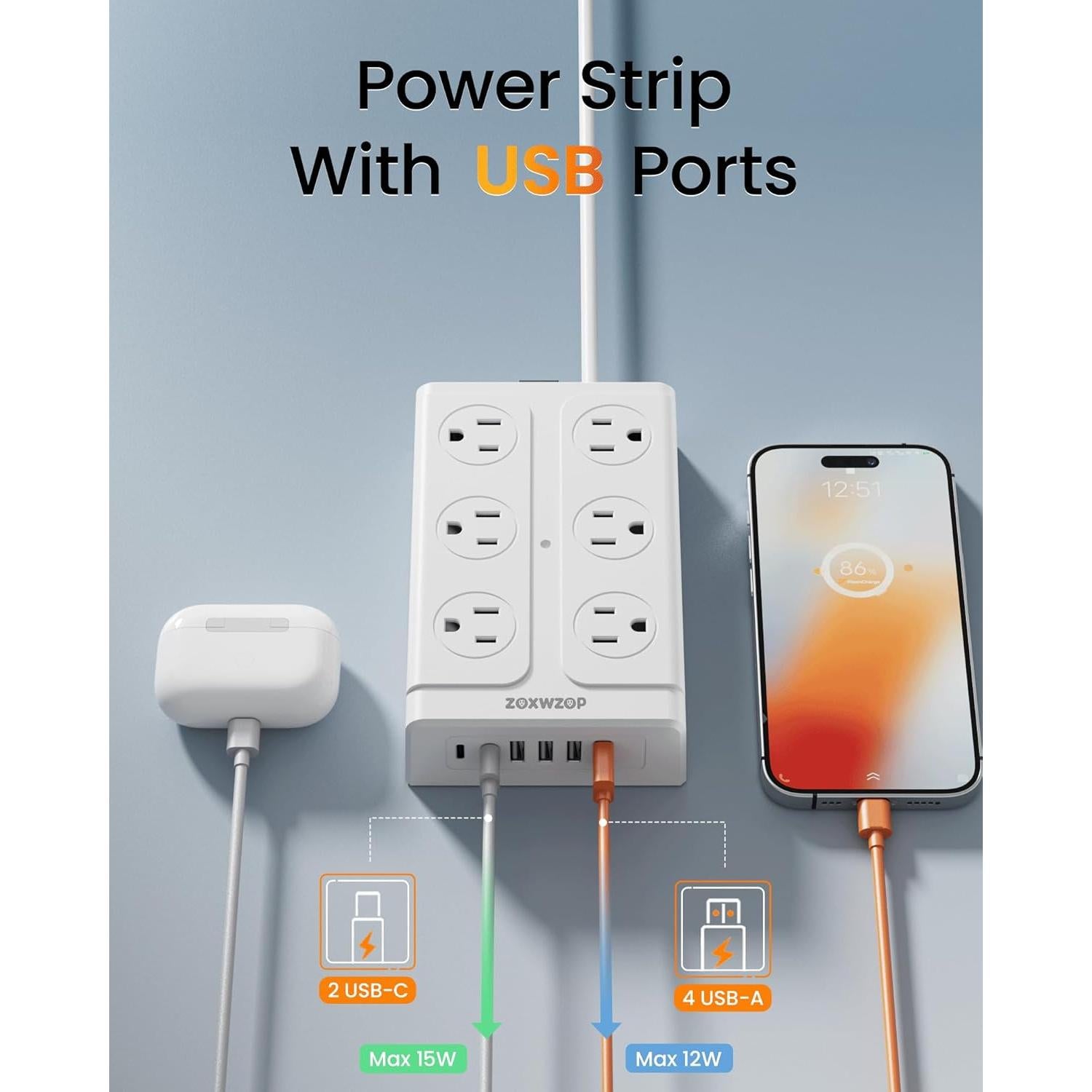 Regleta Zoxwzop 18 en 1 con 12 Salidas y 6 Puertos USB