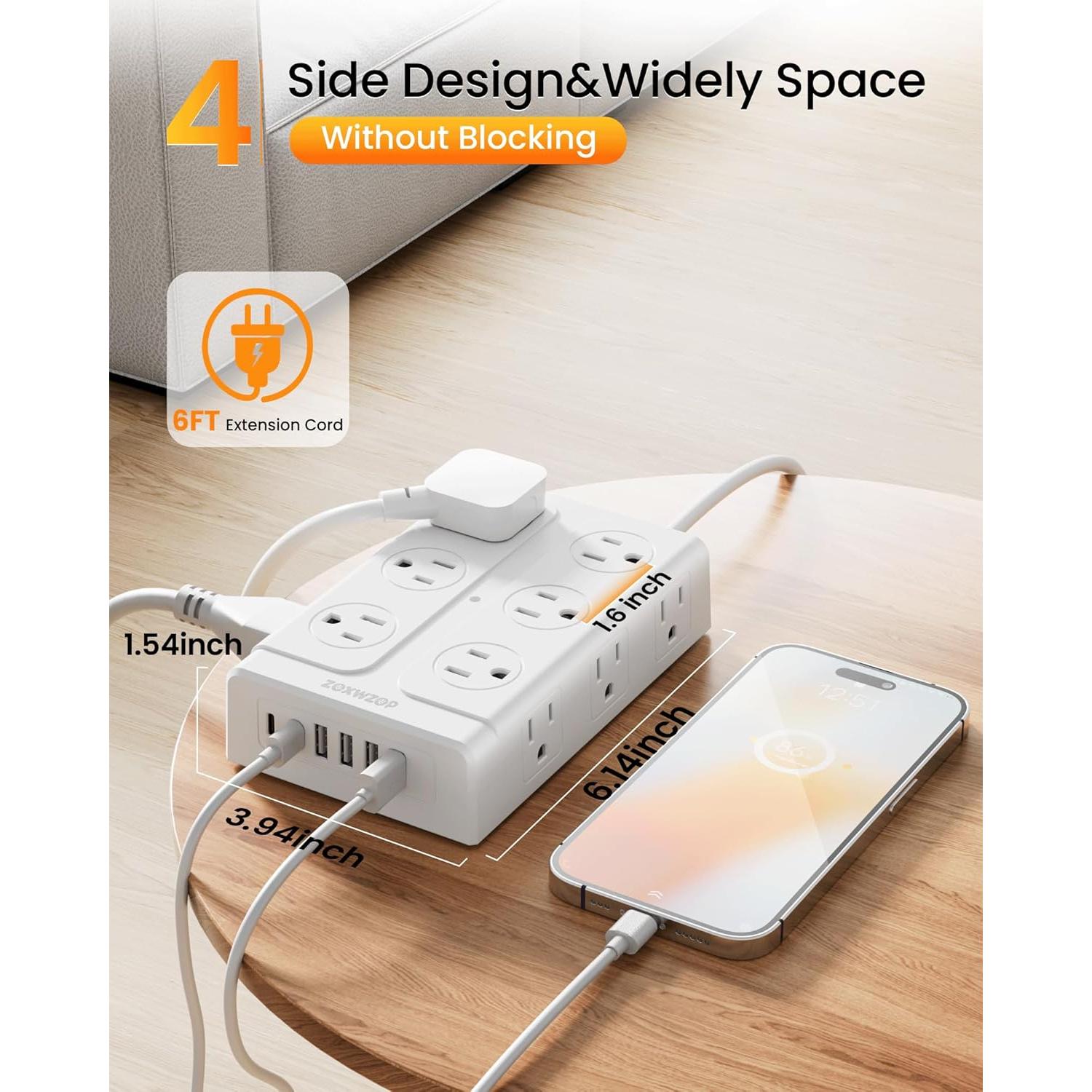 Regleta Zoxwzop 18 en 1 con 12 Salidas y 6 Puertos USB