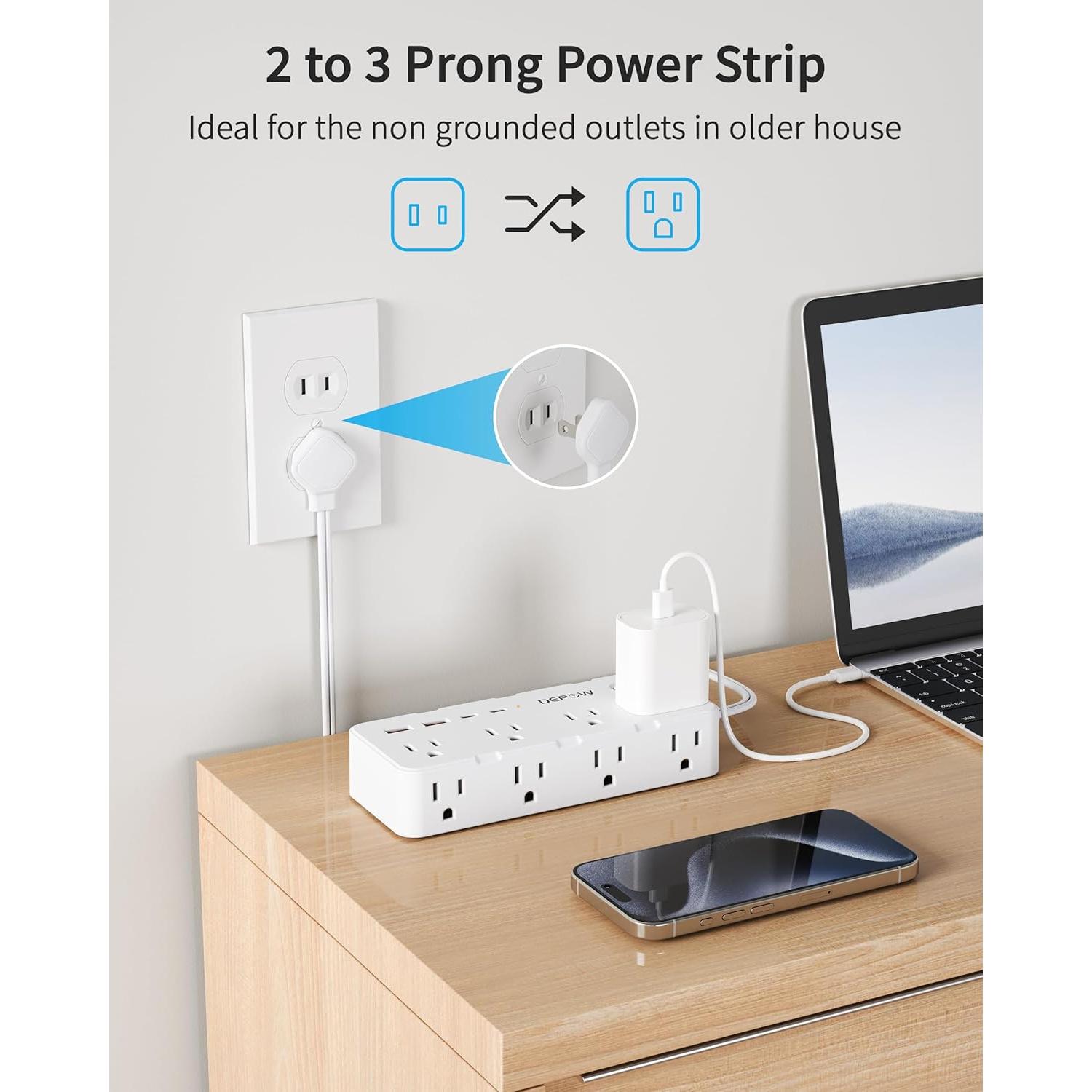 Adaptador de enchufe 2 a 3 clavijas DEPOW con 8 AC y 4 USB