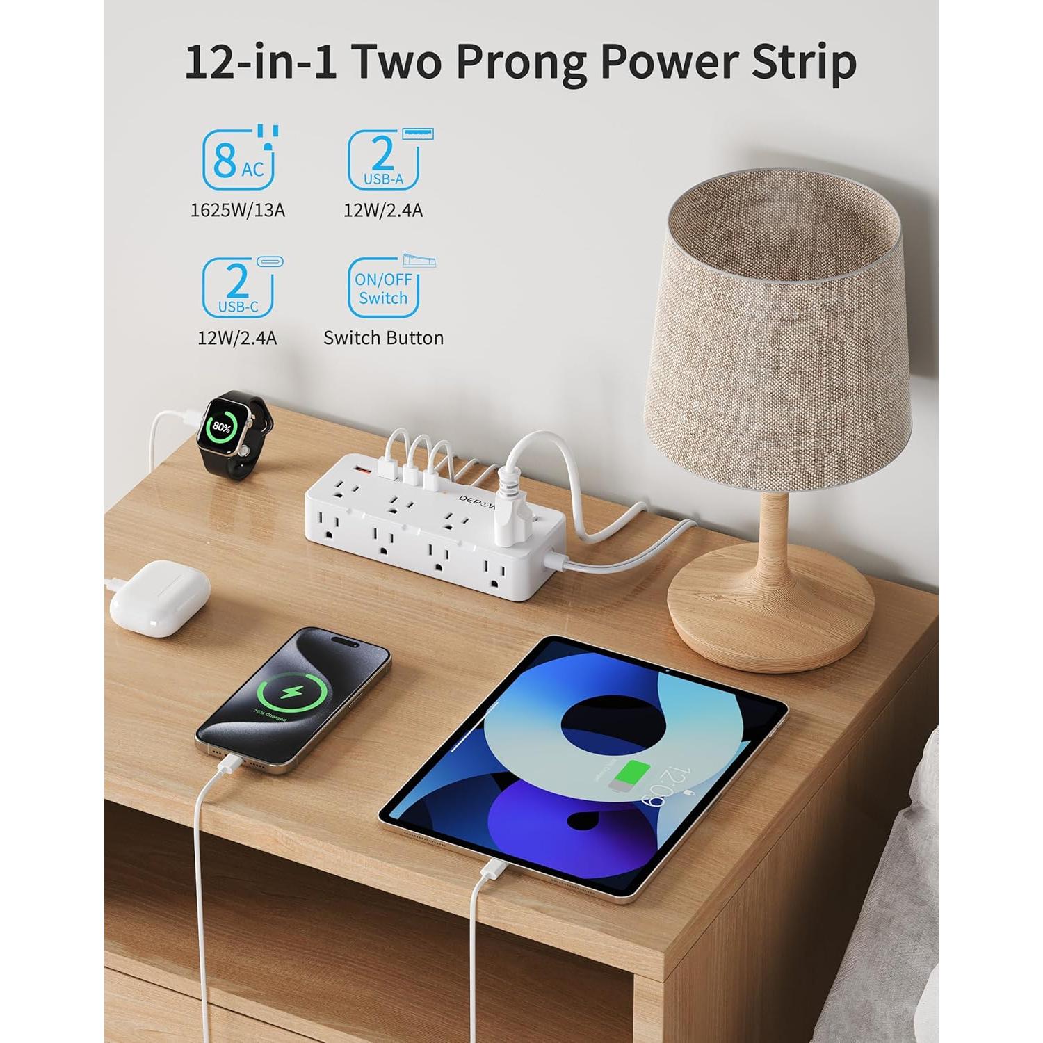 Adaptador de enchufe 2 a 3 clavijas DEPOW con 8 AC y 4 USB