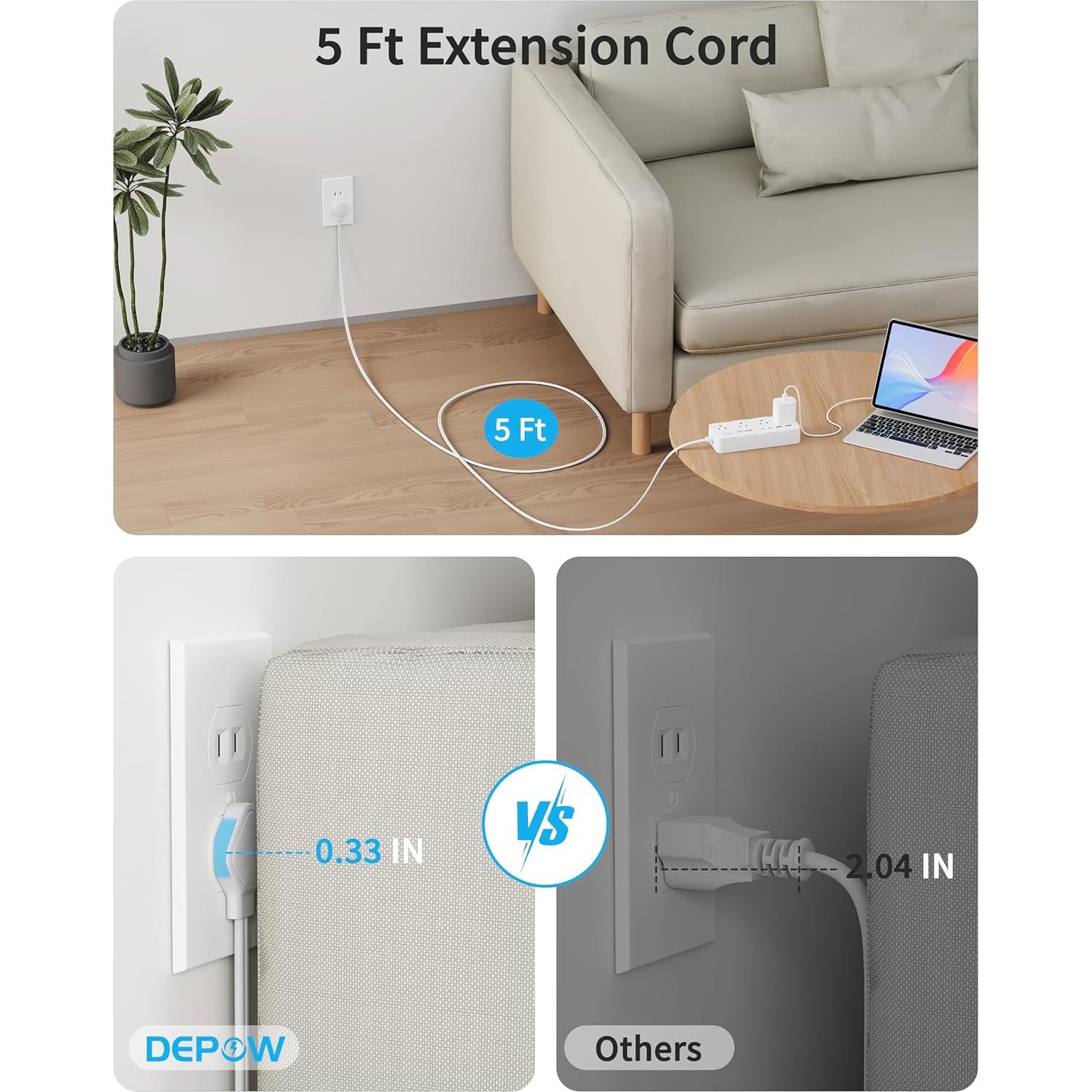 Adaptador de enchufe 2 a 3 clavijas DEPOW con 8 AC y 4 USB