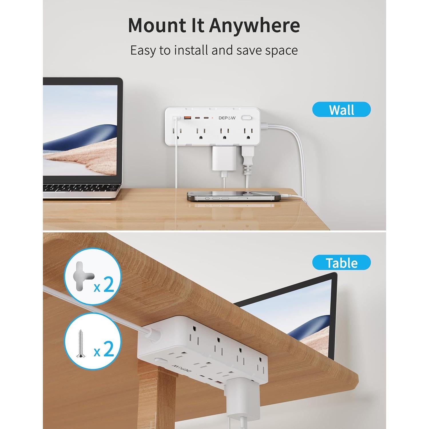 Adaptador de enchufe 2 a 3 clavijas DEPOW con 8 AC y 4 USB