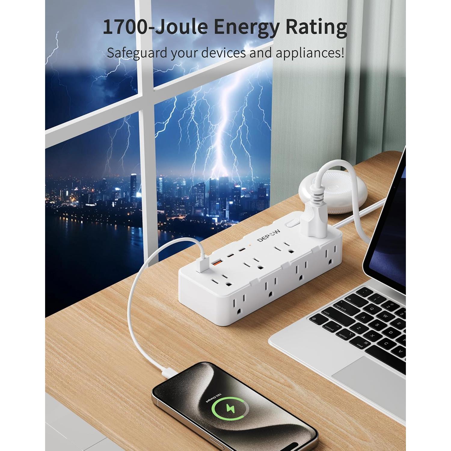 Adaptador de enchufe 2 a 3 clavijas DEPOW con 8 AC y 4 USB