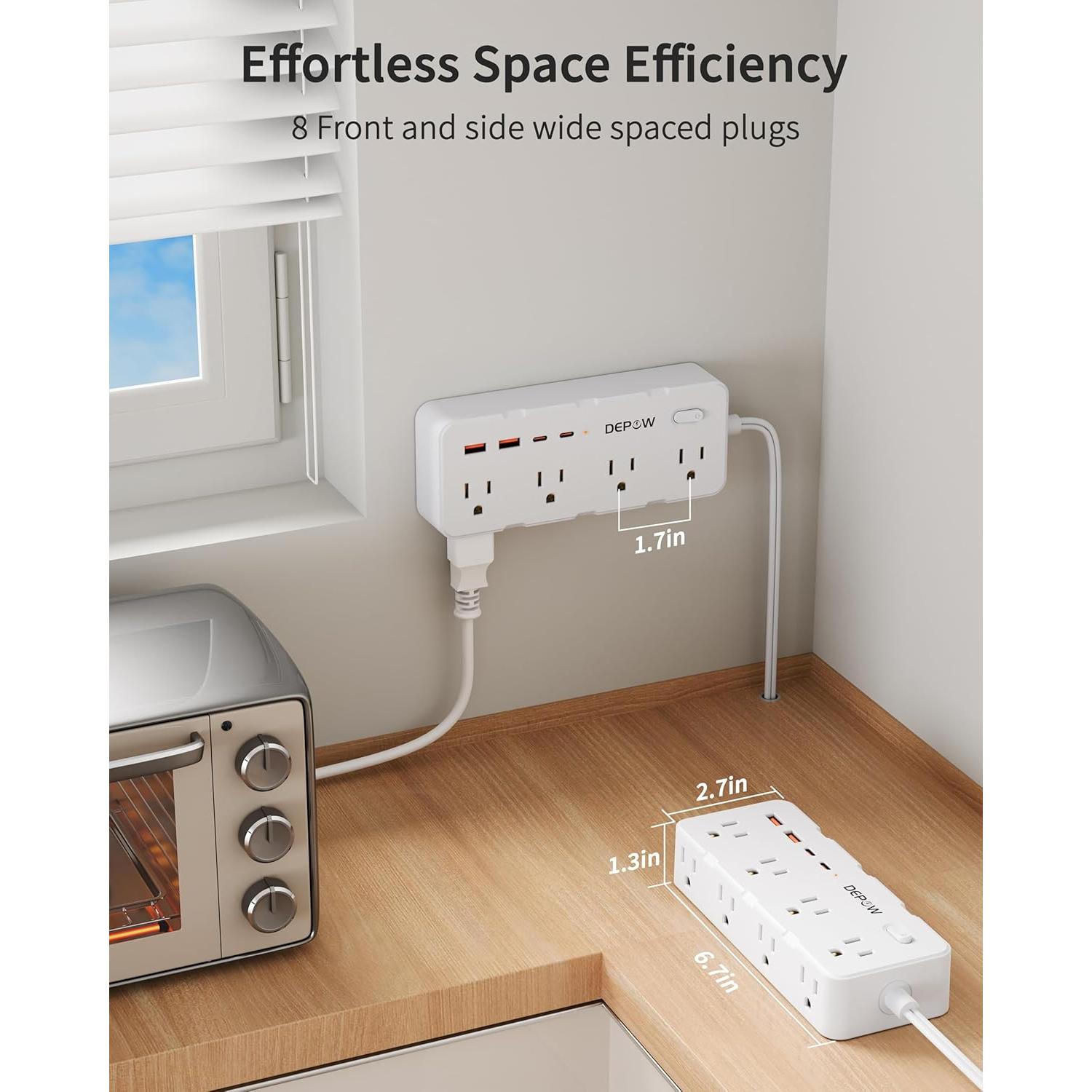 Adaptador de enchufe 2 a 3 clavijas DEPOW con 8 AC y 4 USB