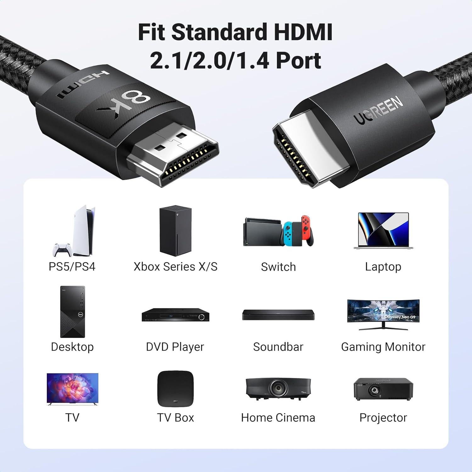 Cable HDMI 2.1 UGREEN 8K 2.0M Ultra Alta Velocidad 48Gbps