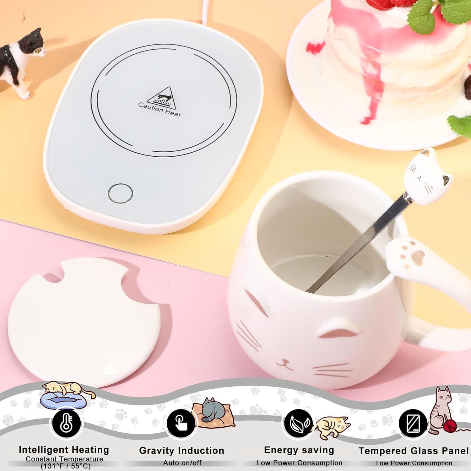 Calentador de taza eléctrico Reallnaive con diseño de gato blanco