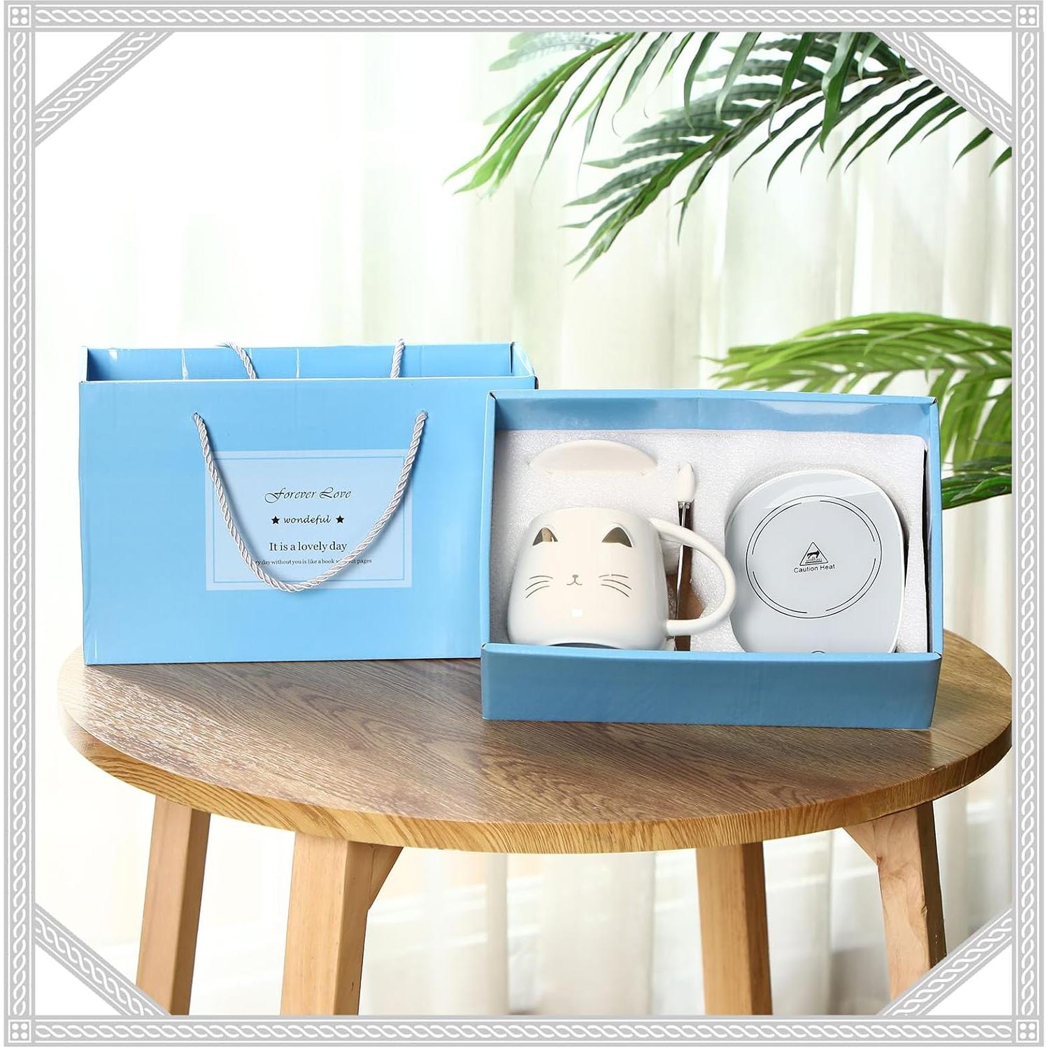 Calentador de taza eléctrico Reallnaive con diseño de gato blanco