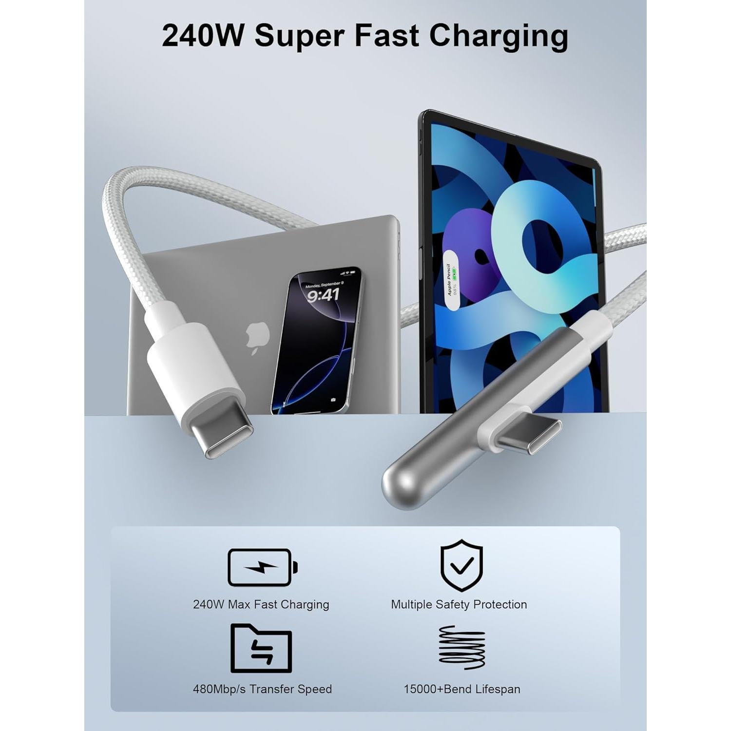 Cable USB C 240W 16 pies AIAUXAI Carga Rápida Blanco