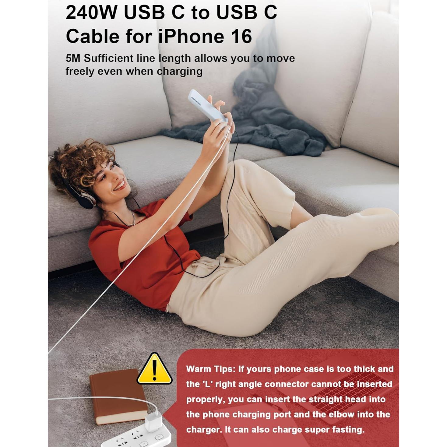 Cable USB C 240W 16 pies AIAUXAI Carga Rápida Blanco