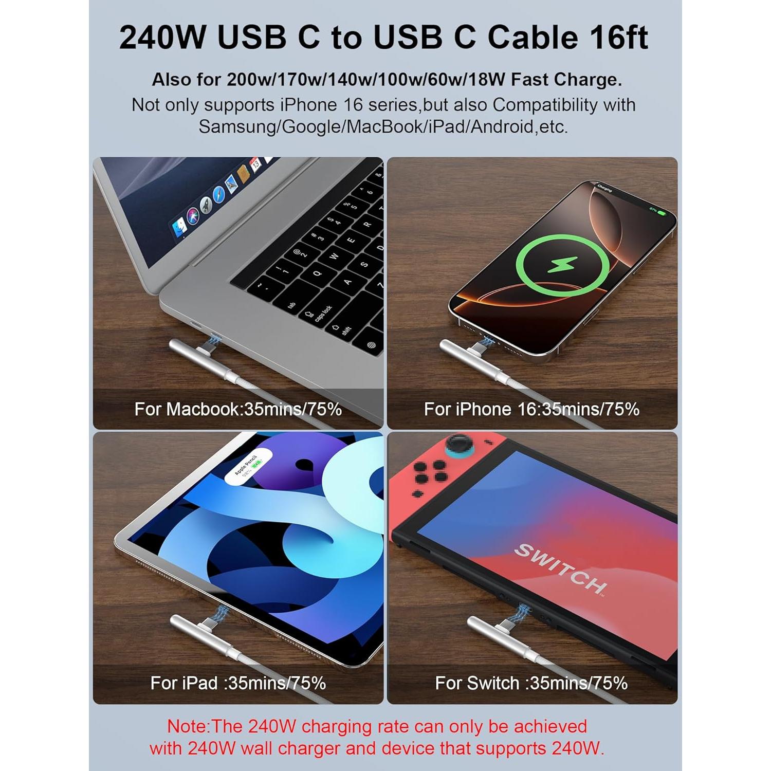Cable USB C 240W 16 pies AIAUXAI Carga Rápida Blanco