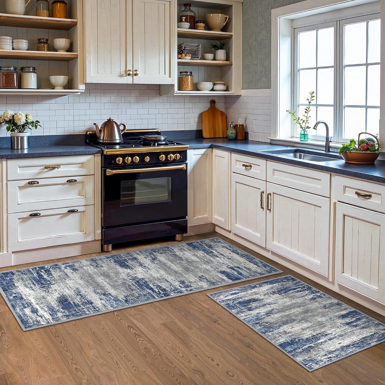 Alfombrillas de Cocina Antideslizantes GENIMO 3 Piezas Azul y Marfil