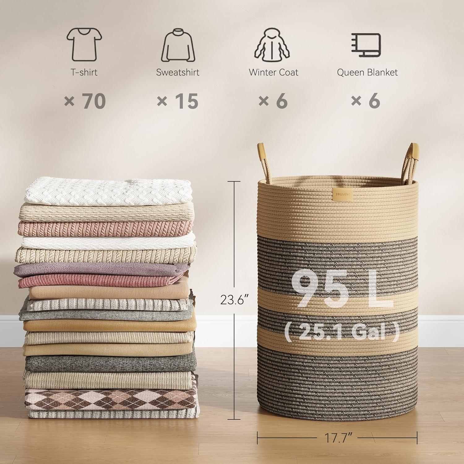 Cesta de Ropa Plegable Nunsino 95L Algodón Marrón Oscuro