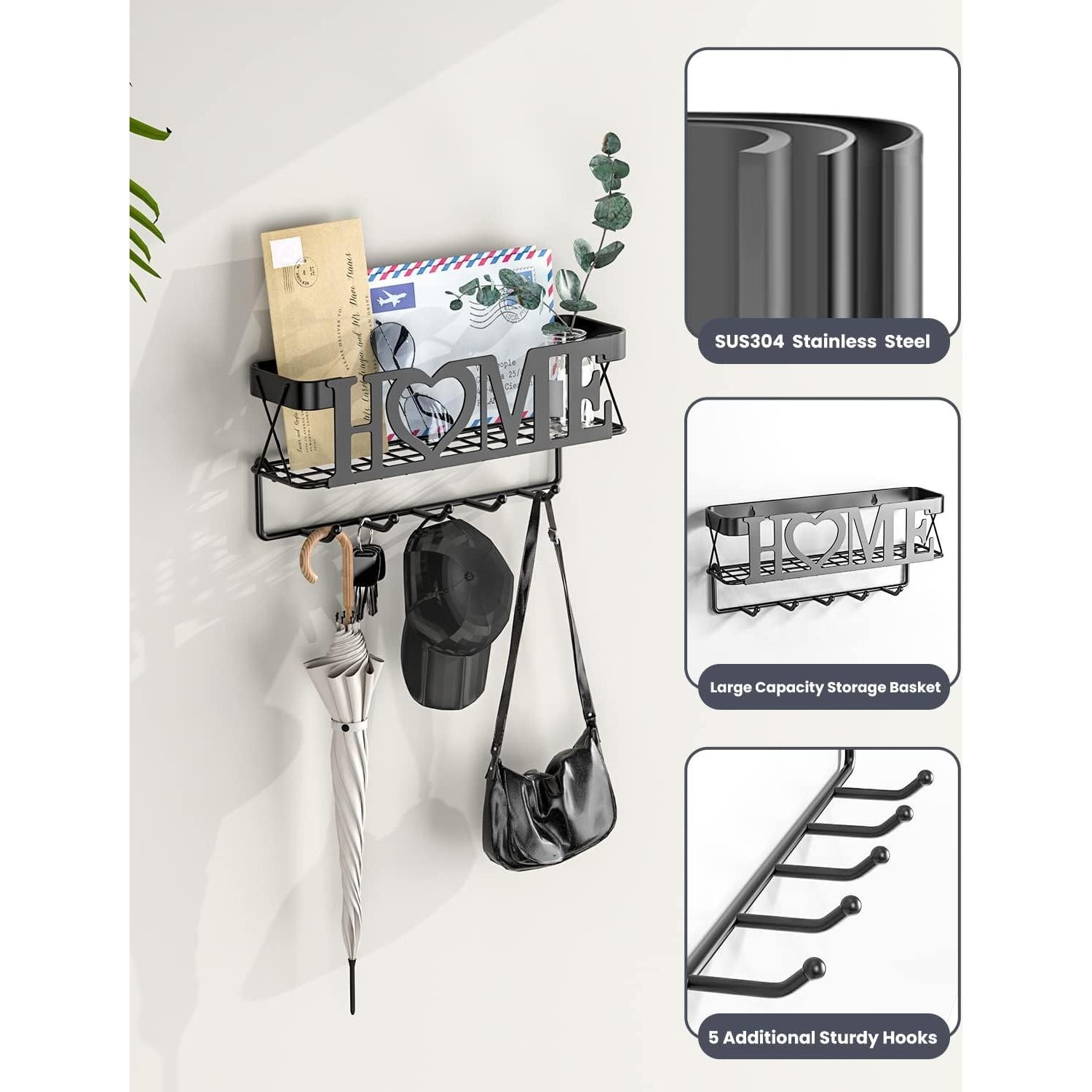 Soporte de Llaves para Pared OHOBABY 5 Ganchos Negro Mate