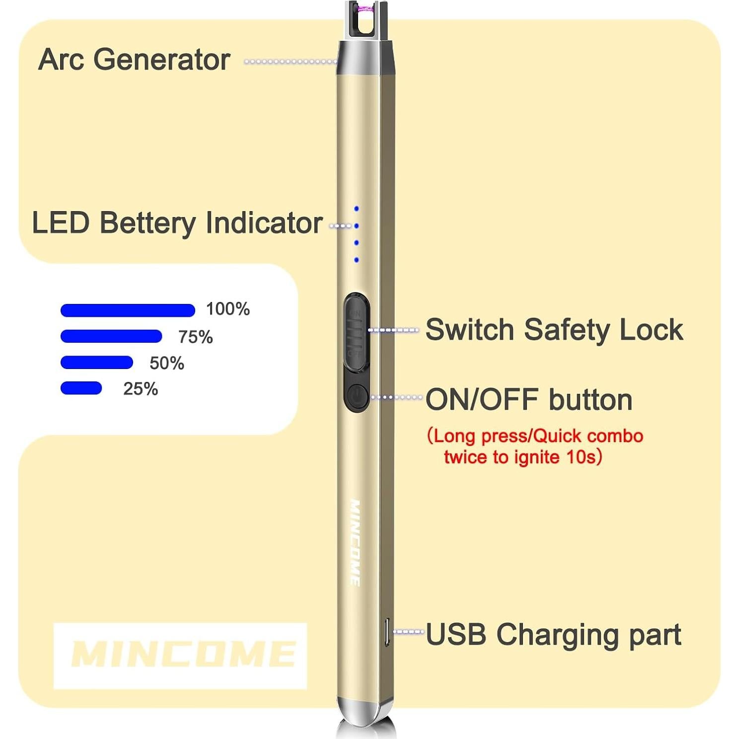 Encendedor Eléctrico Recargable MINCOME Oro 20.57 cm