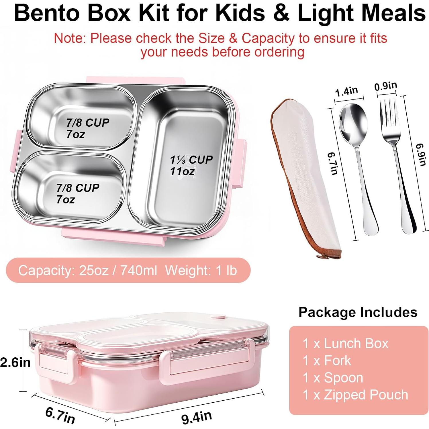 Caja Bento VACAID 25oz Acero Inoxidable Rosa 3 Compartimentos