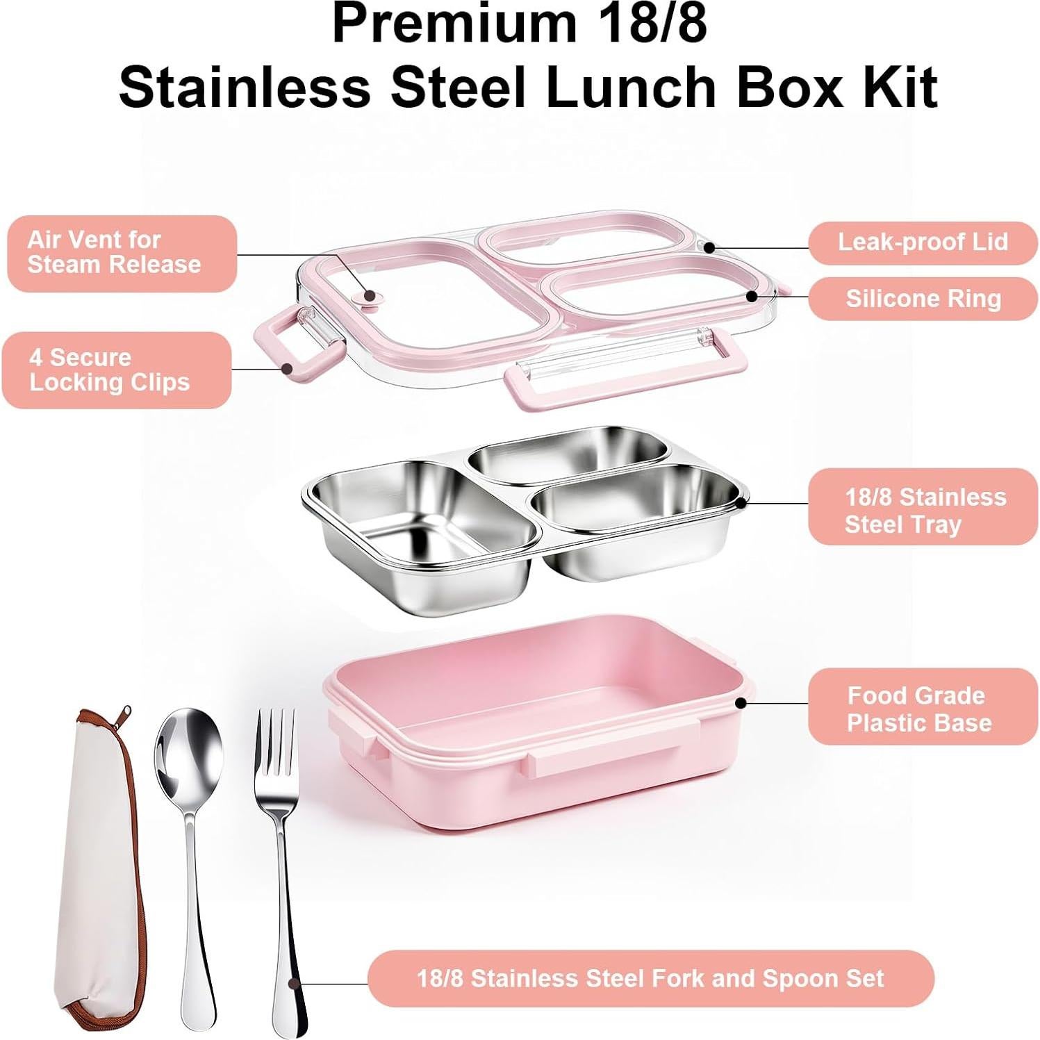 Caja Bento VACAID 25oz Acero Inoxidable Rosa 3 Compartimentos