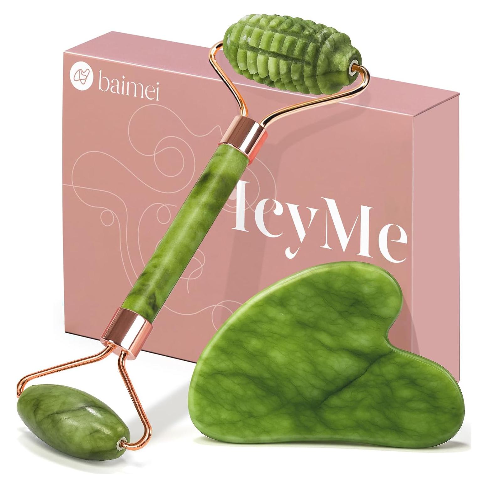 Rodillo de Jade BAIMEI y Gua Sha Verde para Cuidado Facial
