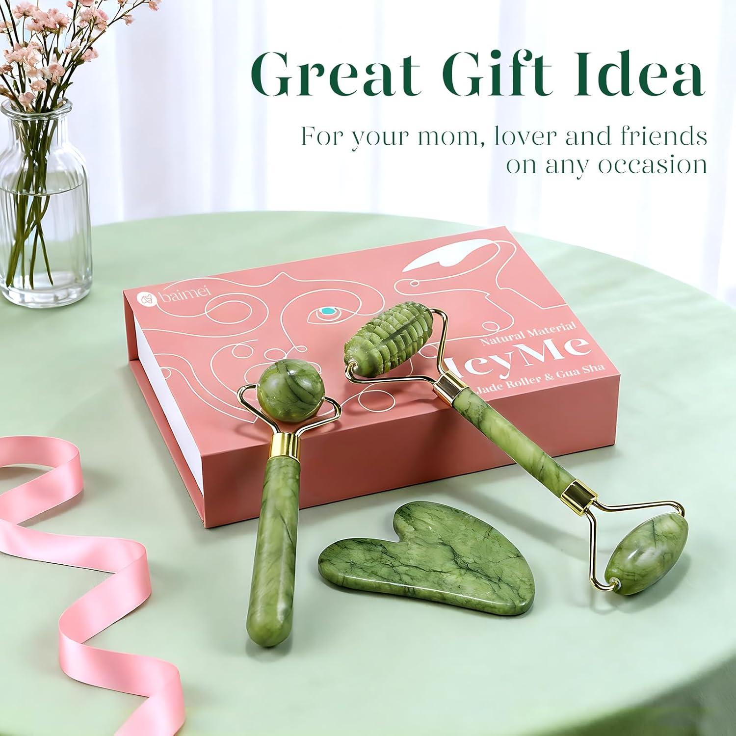 Rodillo de Jade BAIMEI y Gua Sha Verde para Cuidado Facial