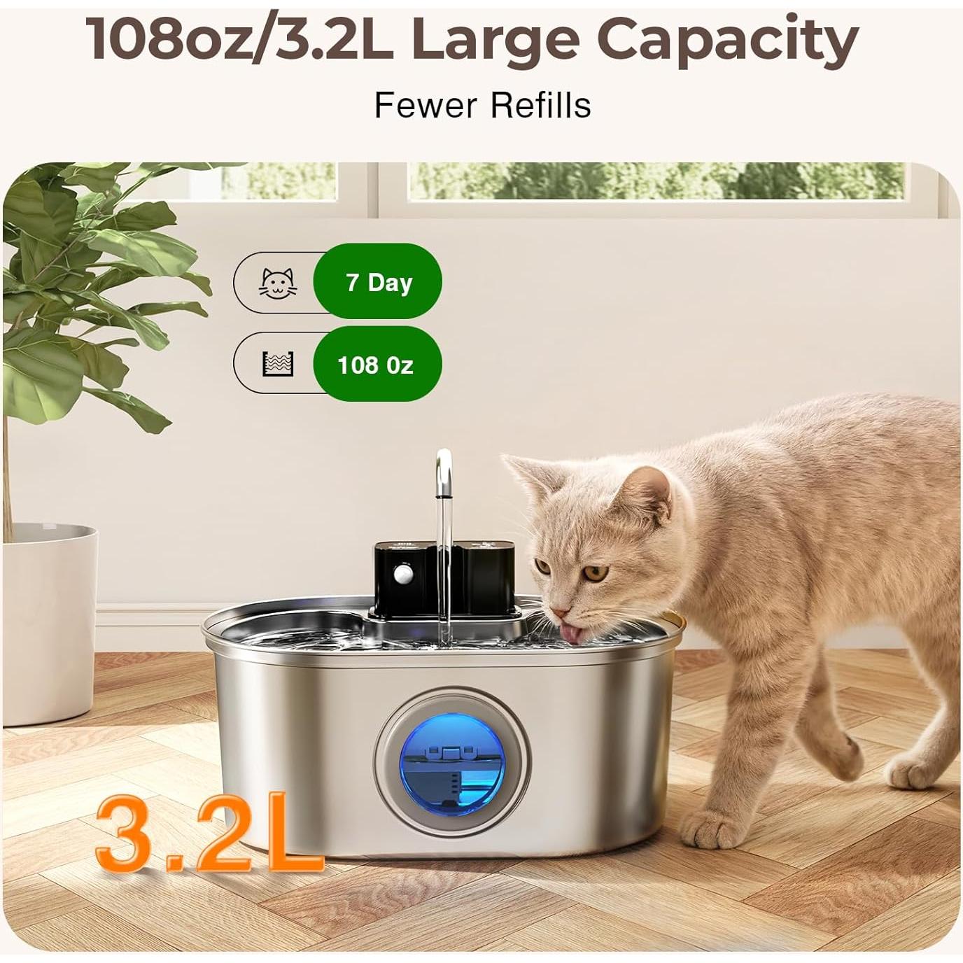 Fuente de Agua Inalámbrica PEKTACO para Gatos 3.2L Acero Inoxidable