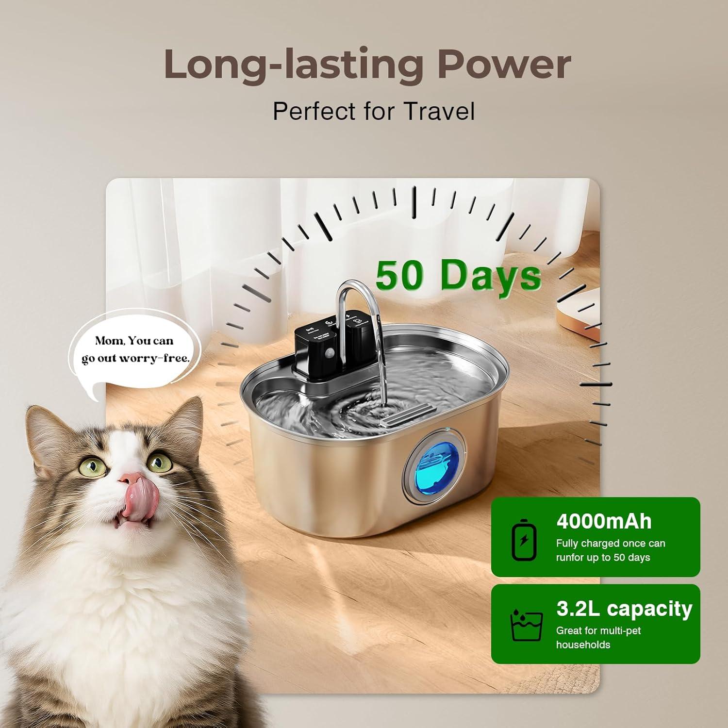 Fuente de Agua Inalámbrica PEKTACO para Gatos 3.2L Acero Inoxidable