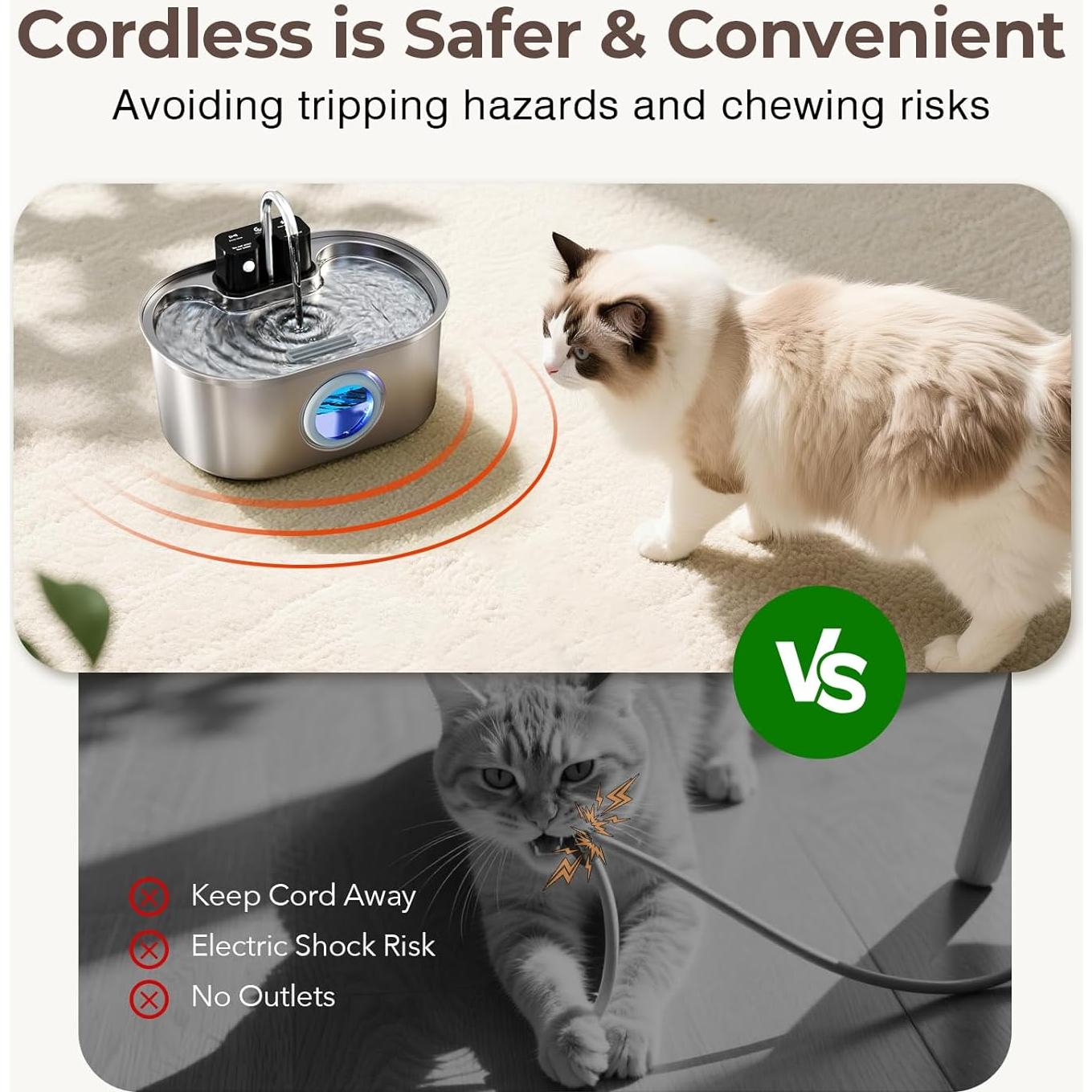 Fuente de Agua Inalámbrica PEKTACO para Gatos 3.2L Acero Inoxidable