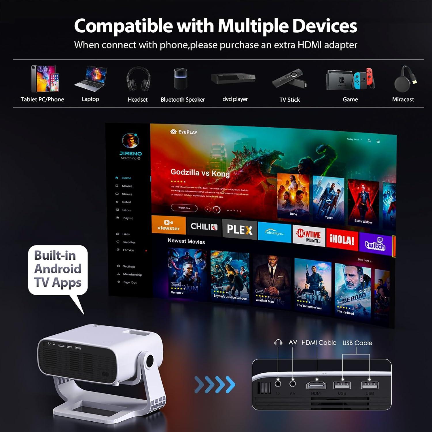 Proyector Inteligente Wielio 2025 Nativo 1080P WiFi Bluetooth 4K