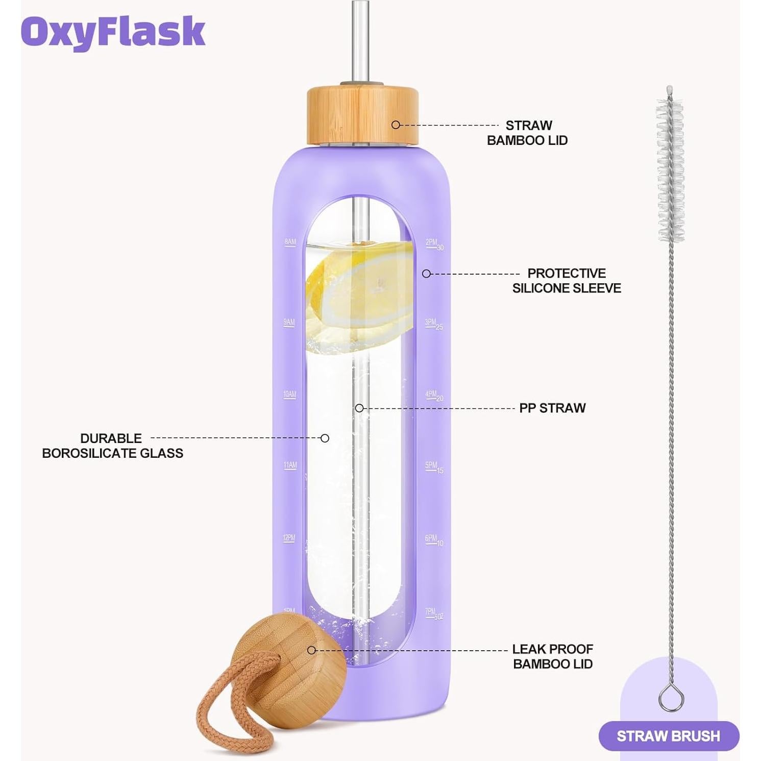 Botella de Agua de Vidrio OxyFlask 1 Litro con Pajilla y Tapas