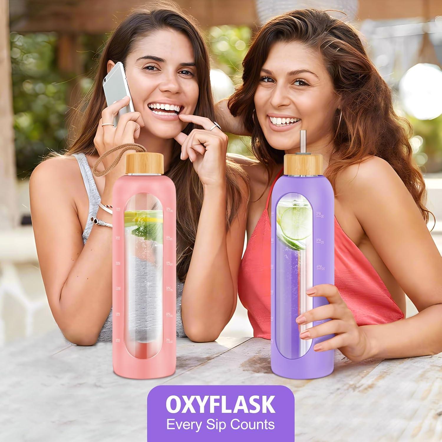 Botella de Agua de Vidrio OxyFlask 1 Litro con Pajilla y Tapas