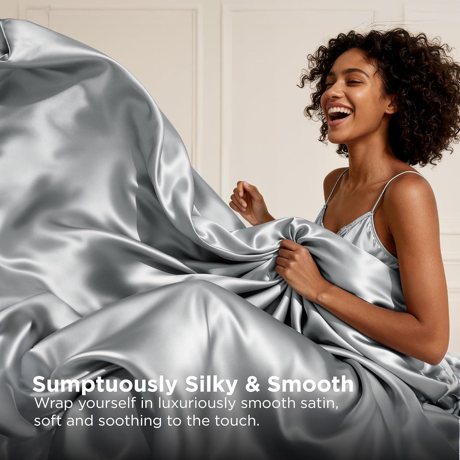Juego de Sábanas de Satén Bedsure Reina 4 Piezas Gris Plateado